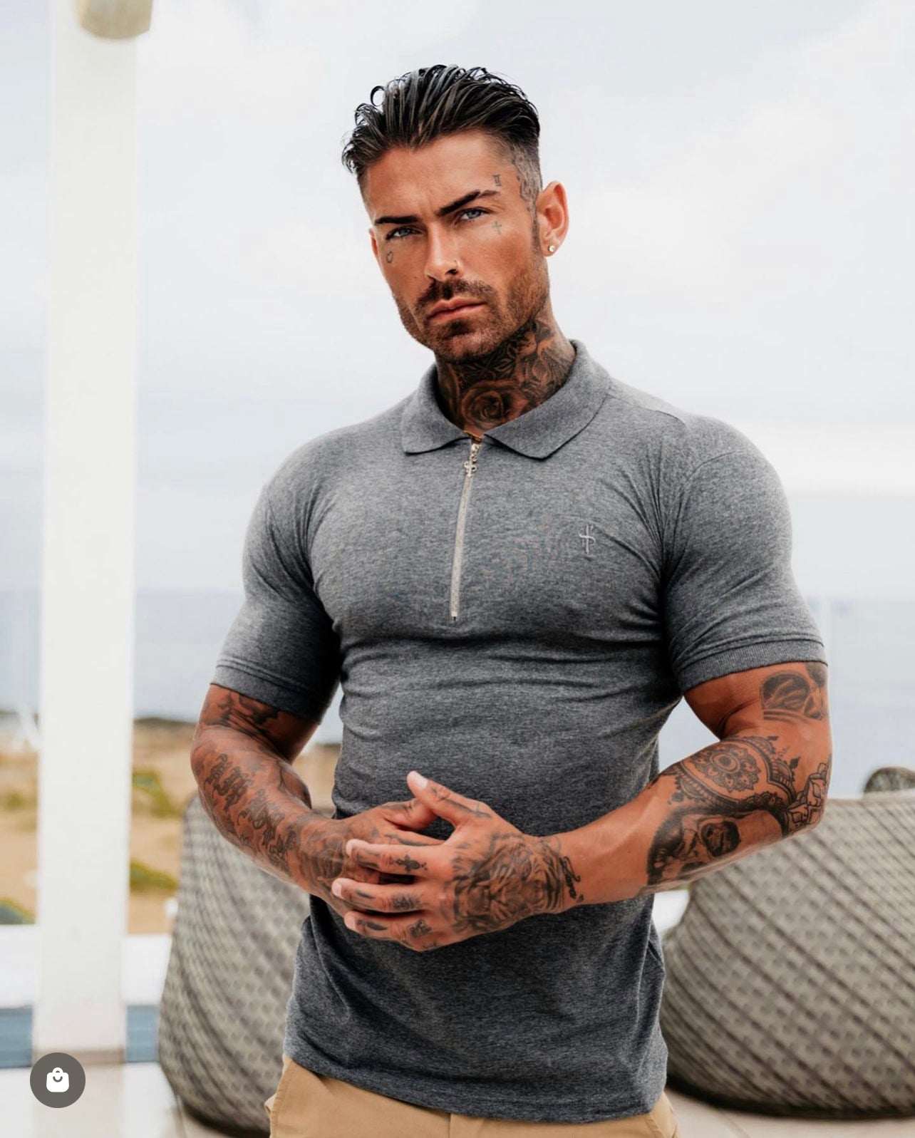 Classic Dark Grey and Silver Zipped Polo Shirt - FSH812