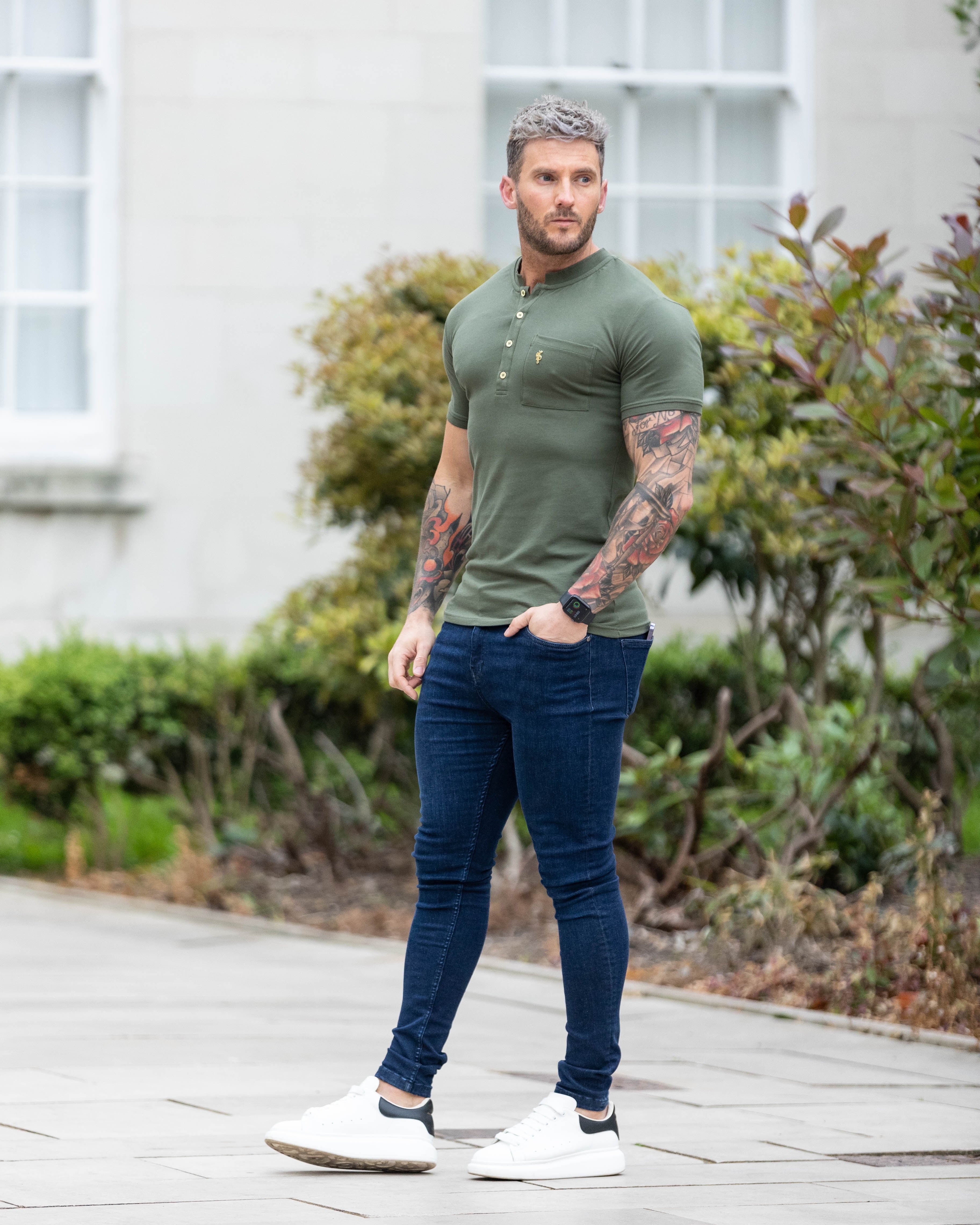 Classic Khaki and Gold Grandad Polo Shirt With Pocket - FSH829