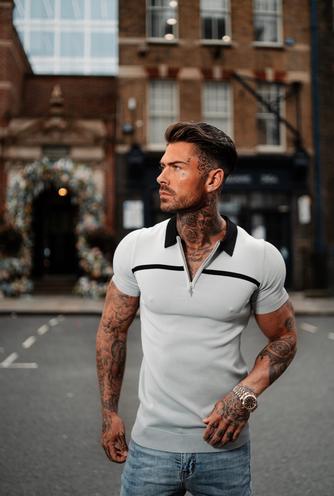 Classic Silver Grey / Black Horizontal Stripe Zipped Polo Short Sleeve - FSN040