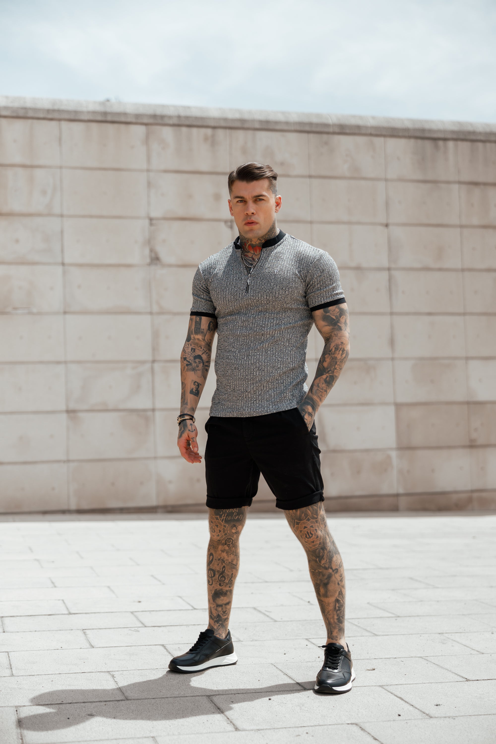 Classic Grey Ribbed Zip Grandad Collar Shirt Short Sleeve - FSH762