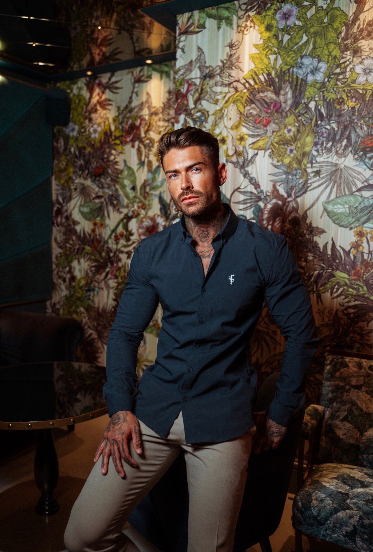 Super Slim Stretch Classic Navy Long Sleeve With Button Down Collar -  FS817