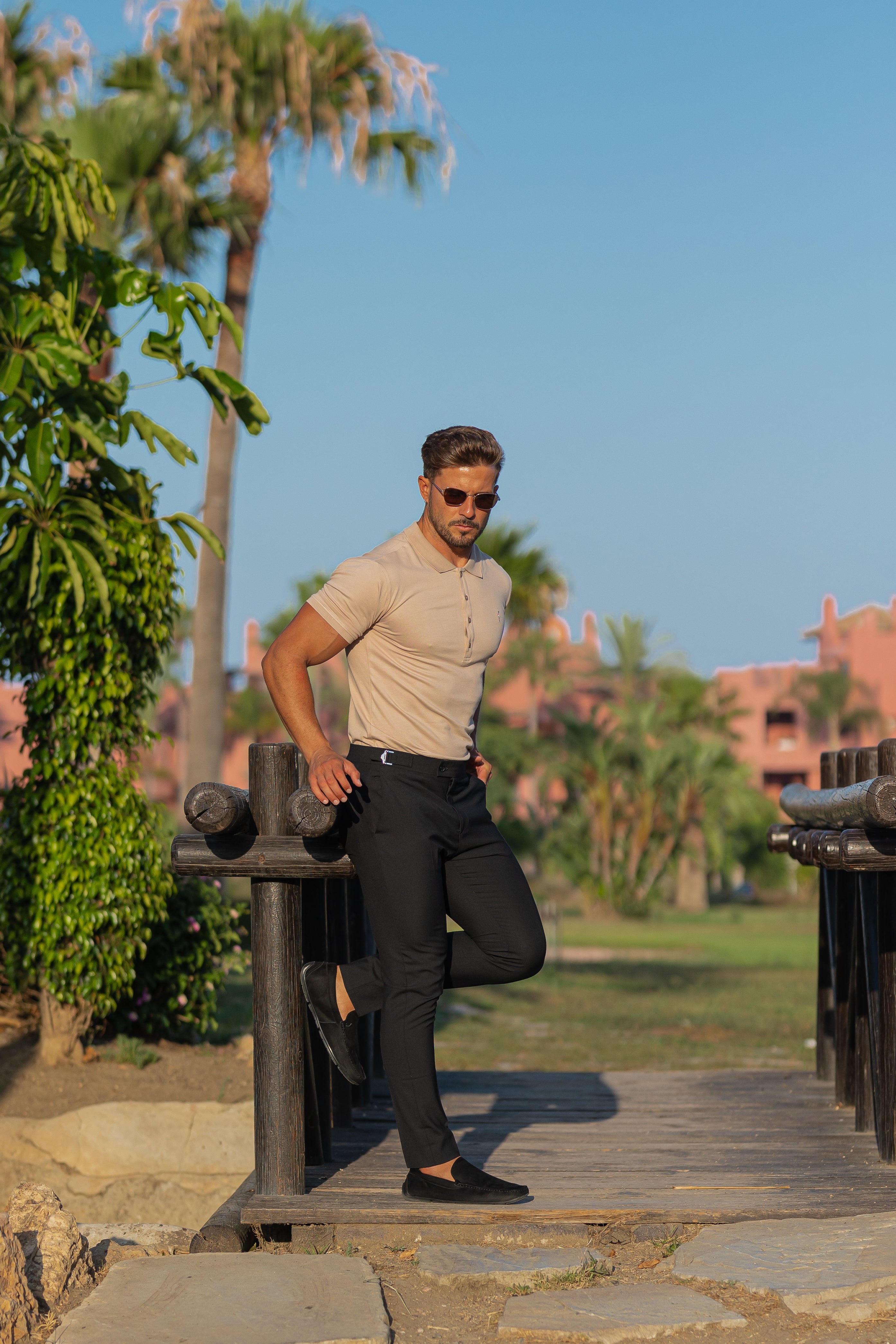 Classic Beige Polo Shirt with Tonal Button and Embroidery - FSH827