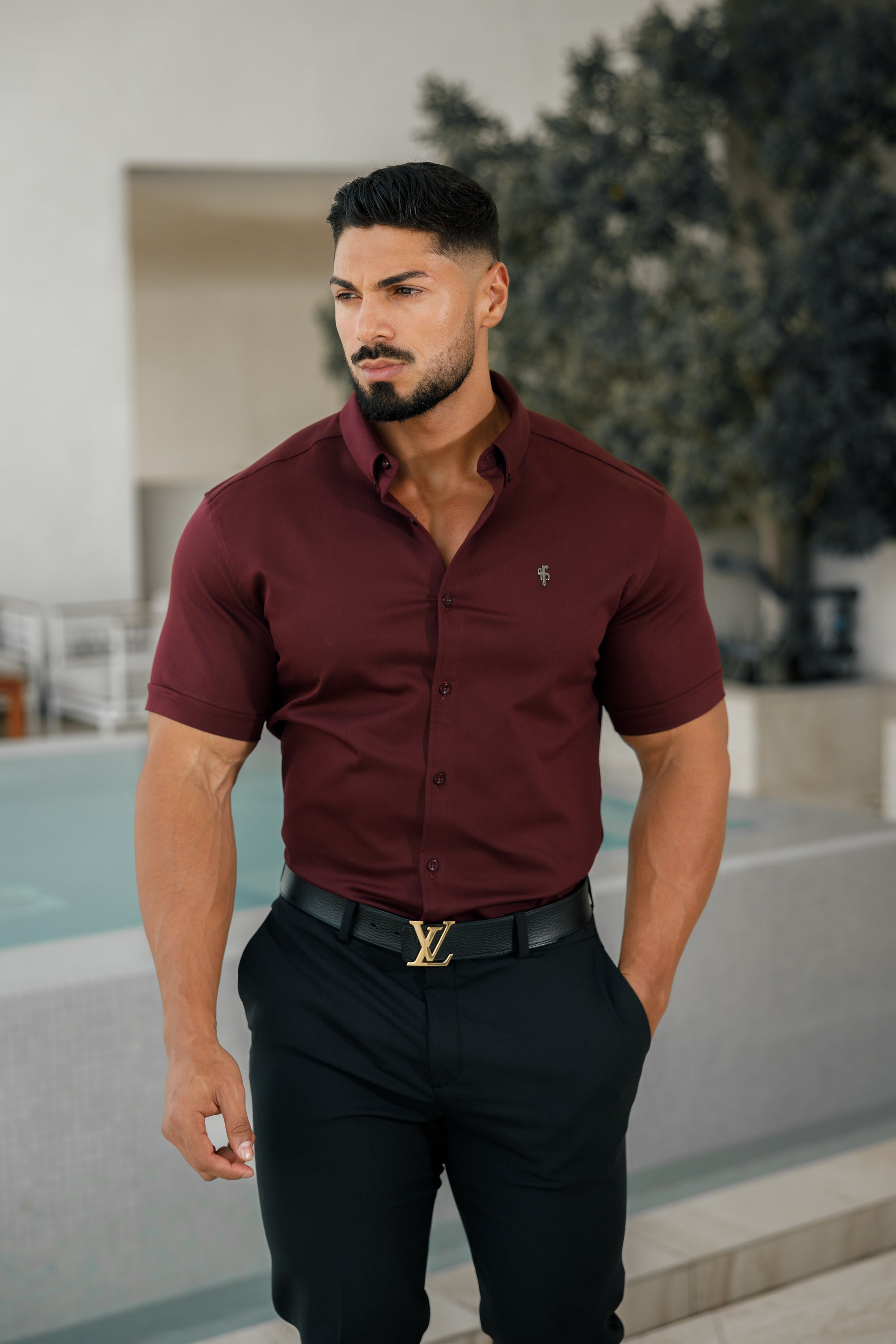 Super Slim Stretch Burgundy Denim Short Sleeve with Metal Decal Emblem - FS629