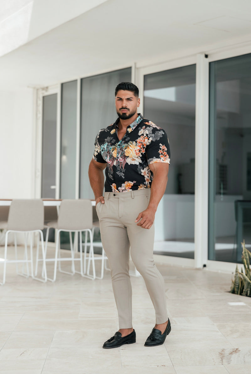 Father Sons Super Slim Stretch Black Mixed Lily Floral Print Short Sleeve with Button Down Collar - FS855