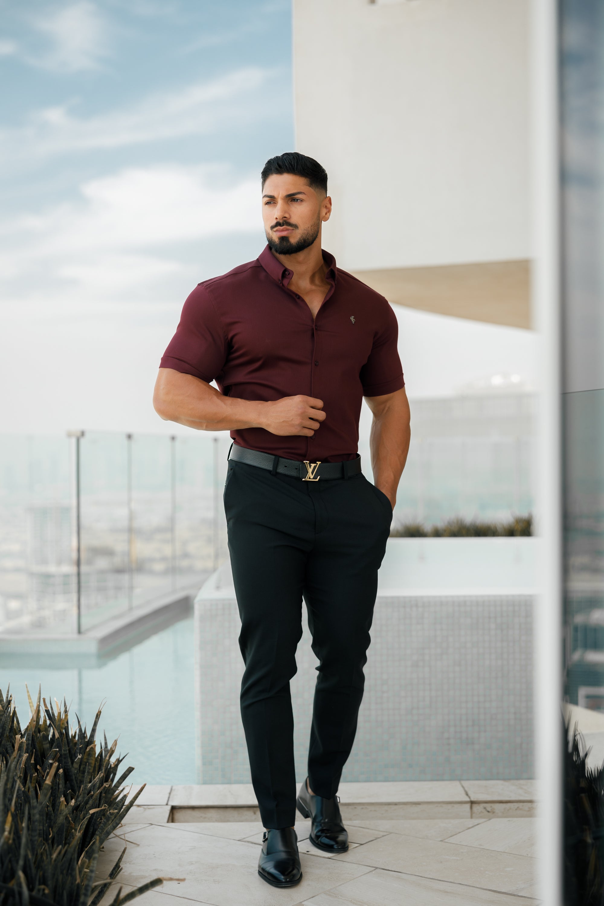 Super Slim Stretch Burgundy Denim Short Sleeve with Metal Decal Emblem - FS629