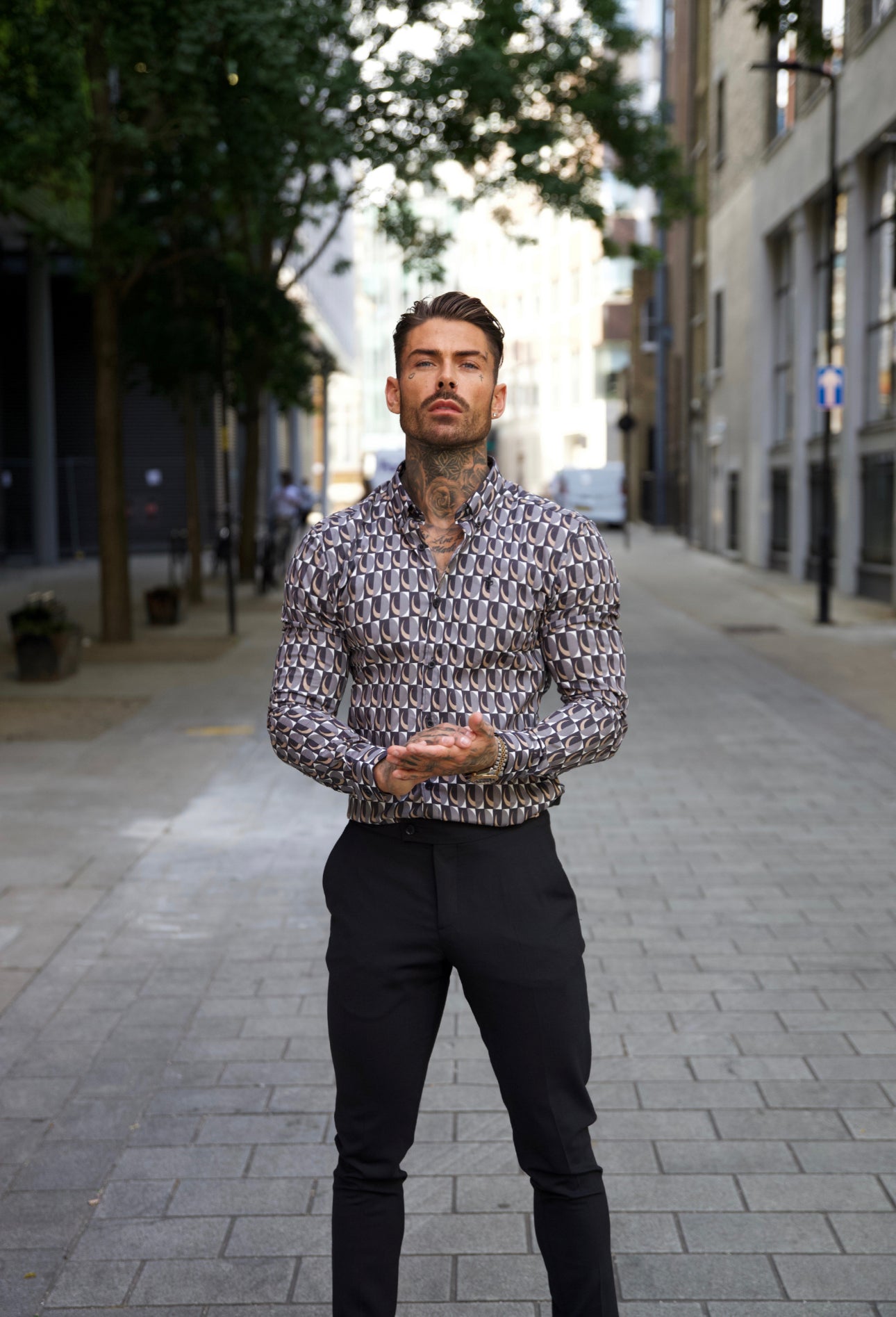 Super Slim Stretch Black Multi Retro Print Long Sleeve with Button Down Collar - FS910