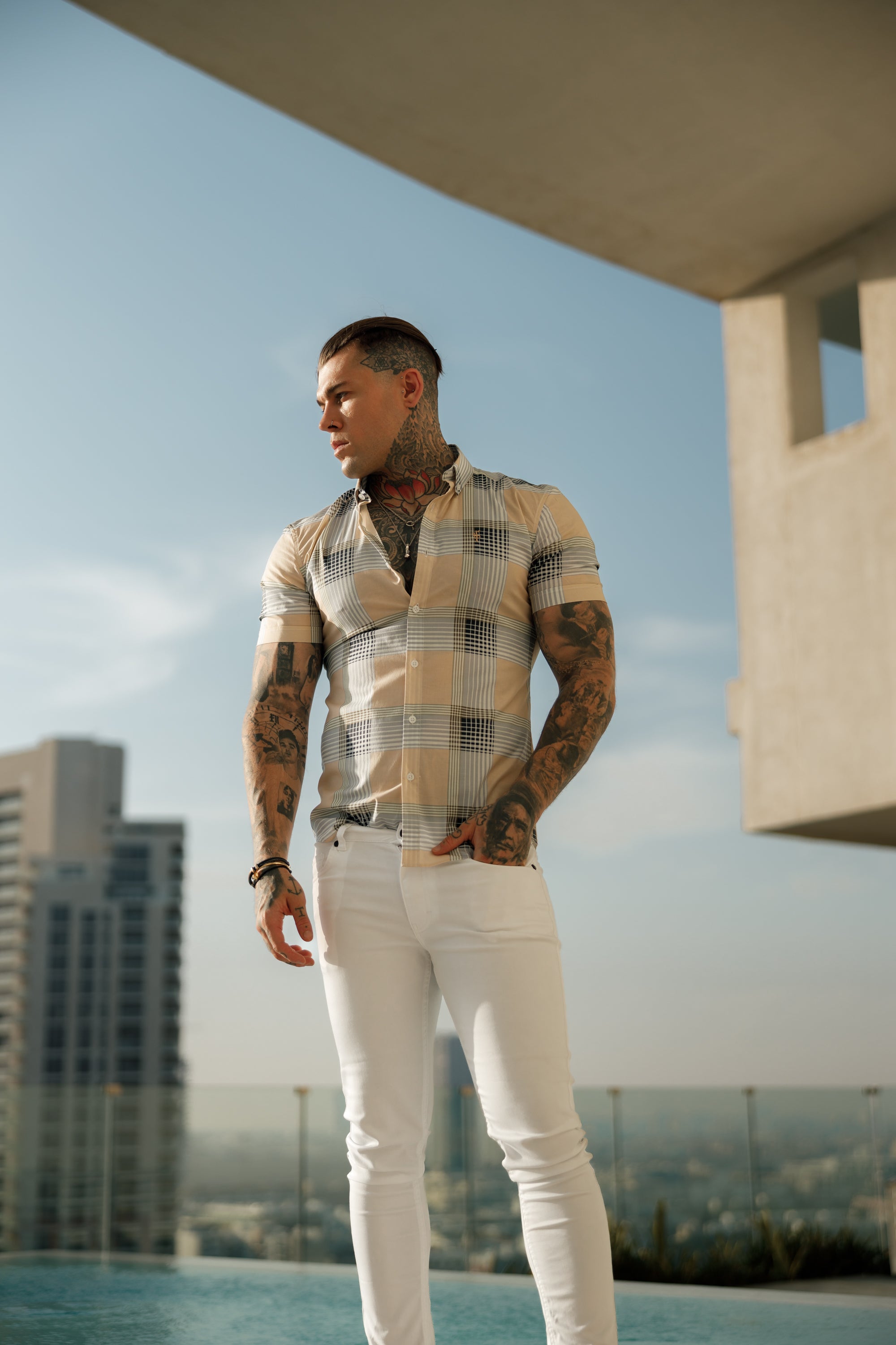 Super Slim Stretch Peach / Grey Check Print Short Sleeve with Button Down Collar - FS900