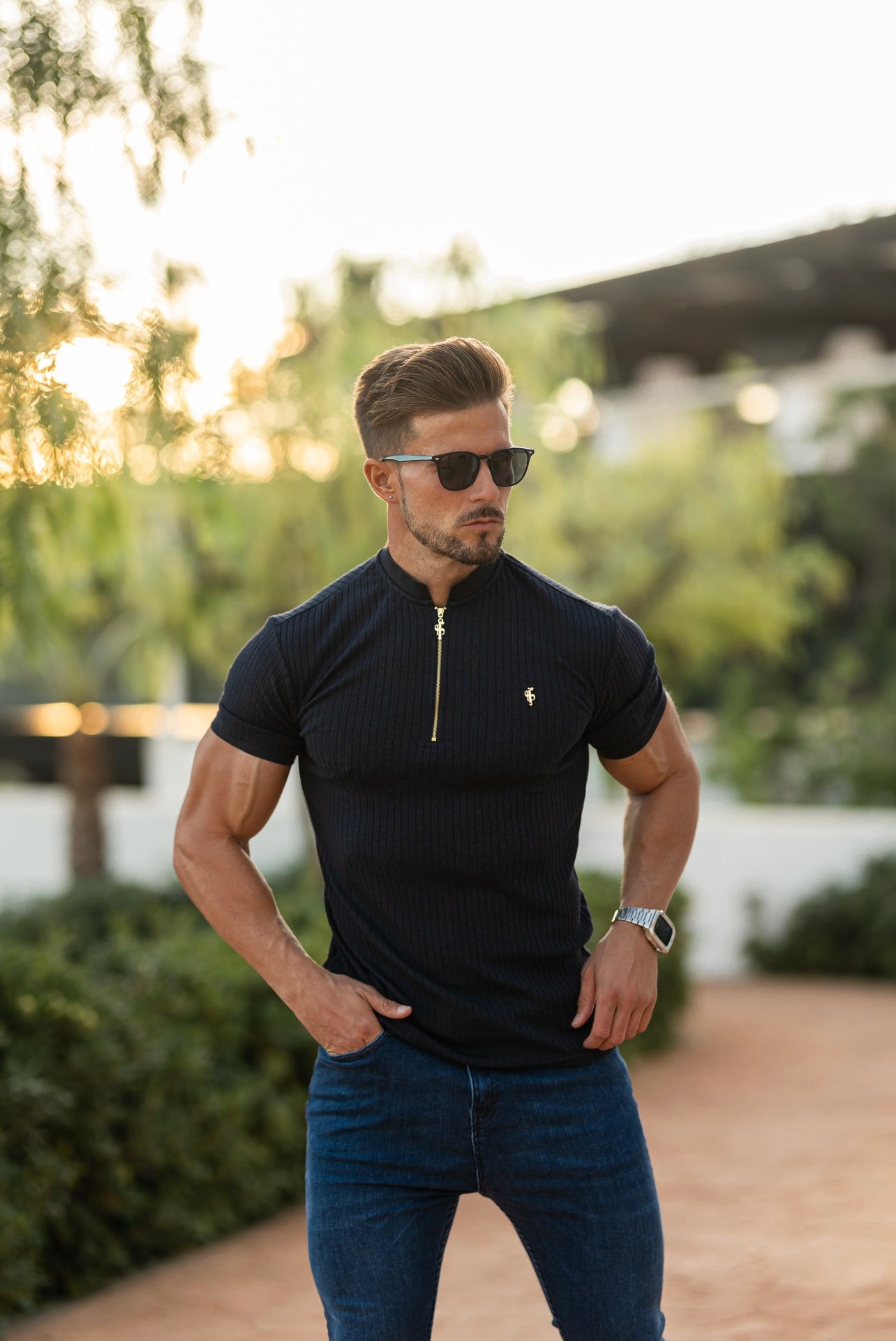 Classic Navy Ribbed Zip Grandad Collar Shirt Short Sleeve - FSH773
