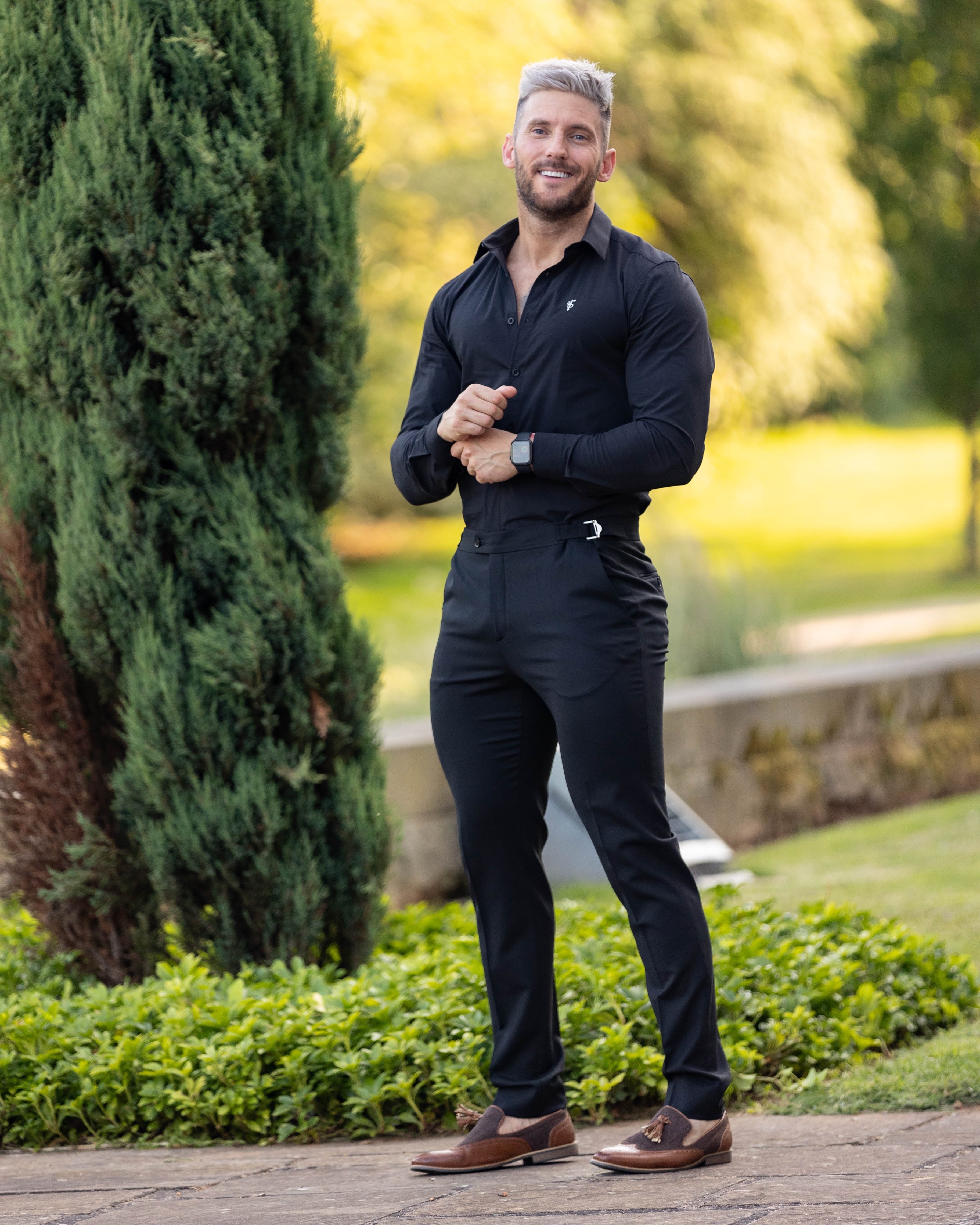 Father Sons Slim Formal Black Stretch Pants With Silver Waist Adjusters - FST013