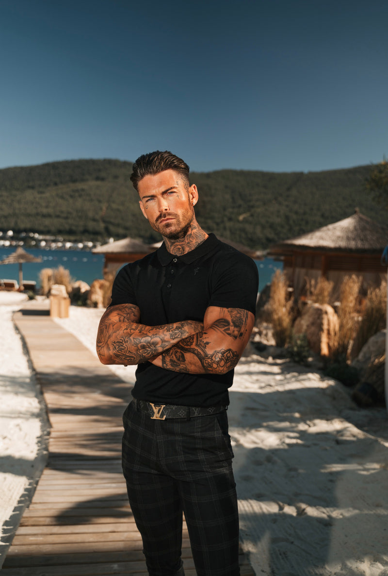 Father Sons Classic Black Merino Wool Knitted Polo Sweater Short Sleeve With FS Embroidery- FSN022