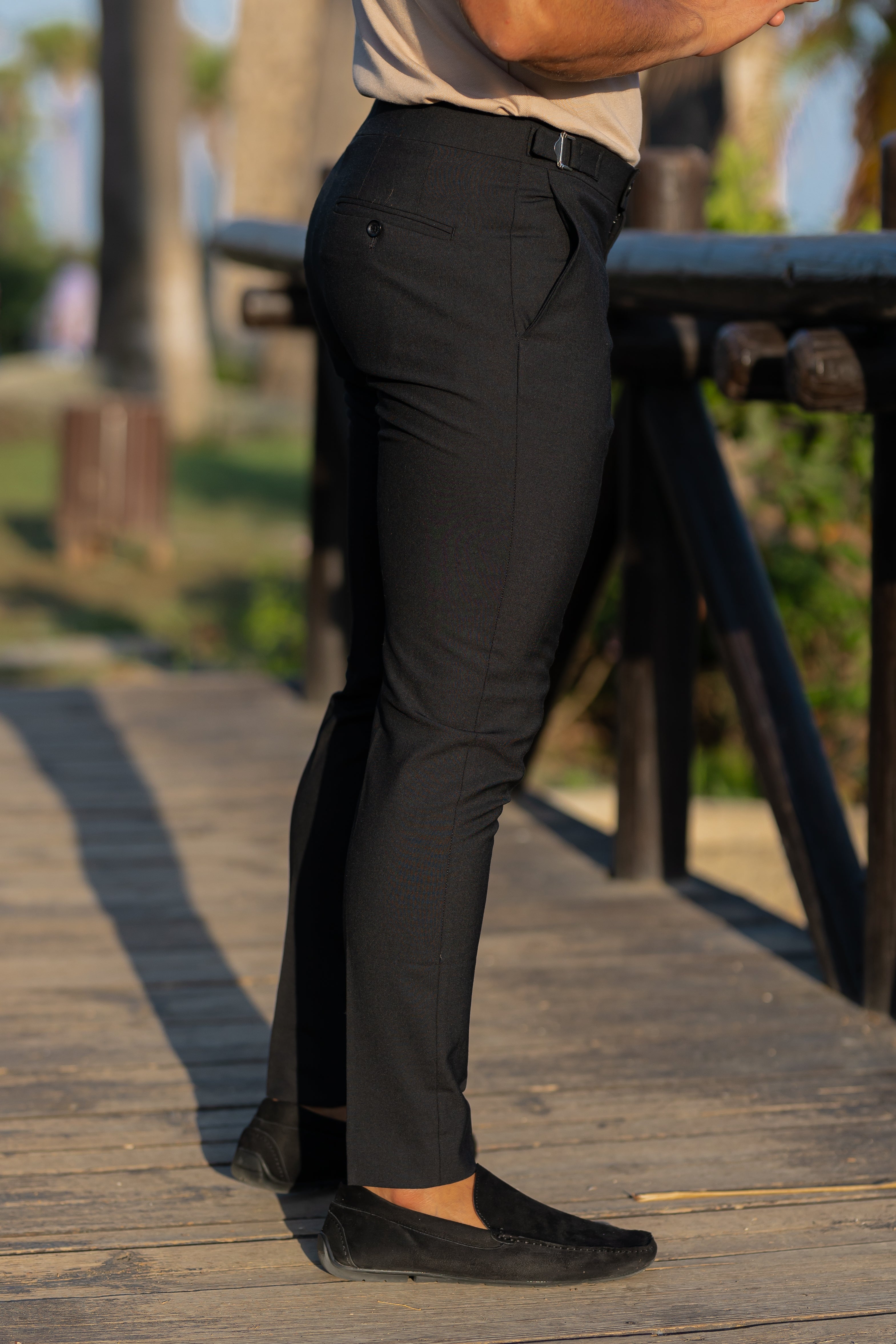 Father Sons Slim Formal Black Stretch Pants With Silver Waist Adjusters - FST013