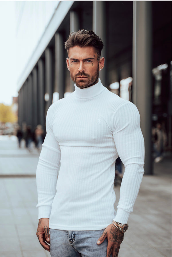 Father Sons Classic White Ribbed Knit Roll-neck Sweater - FSH592