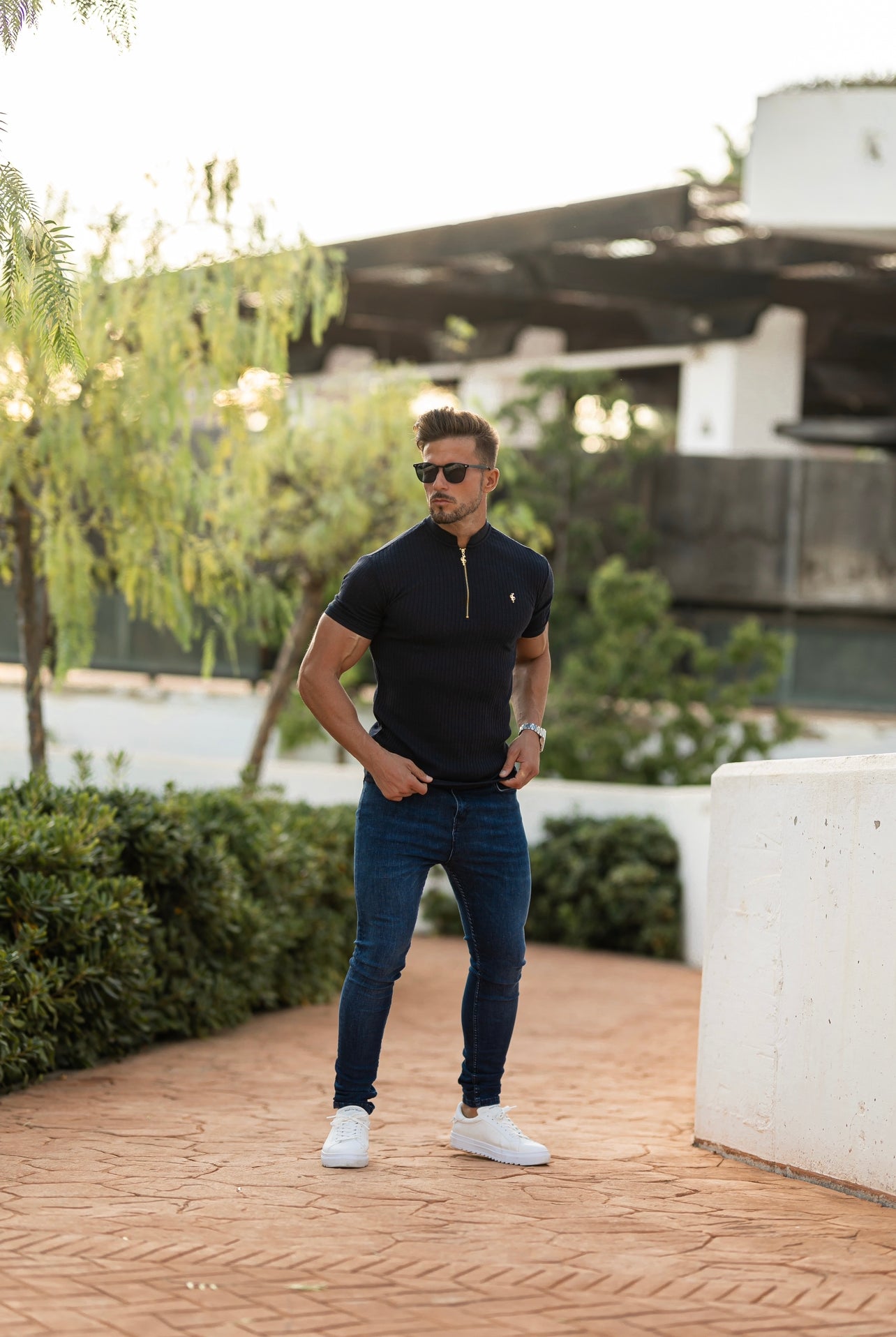 Classic Navy Ribbed Zip Grandad Collar Shirt Short Sleeve - FSH773