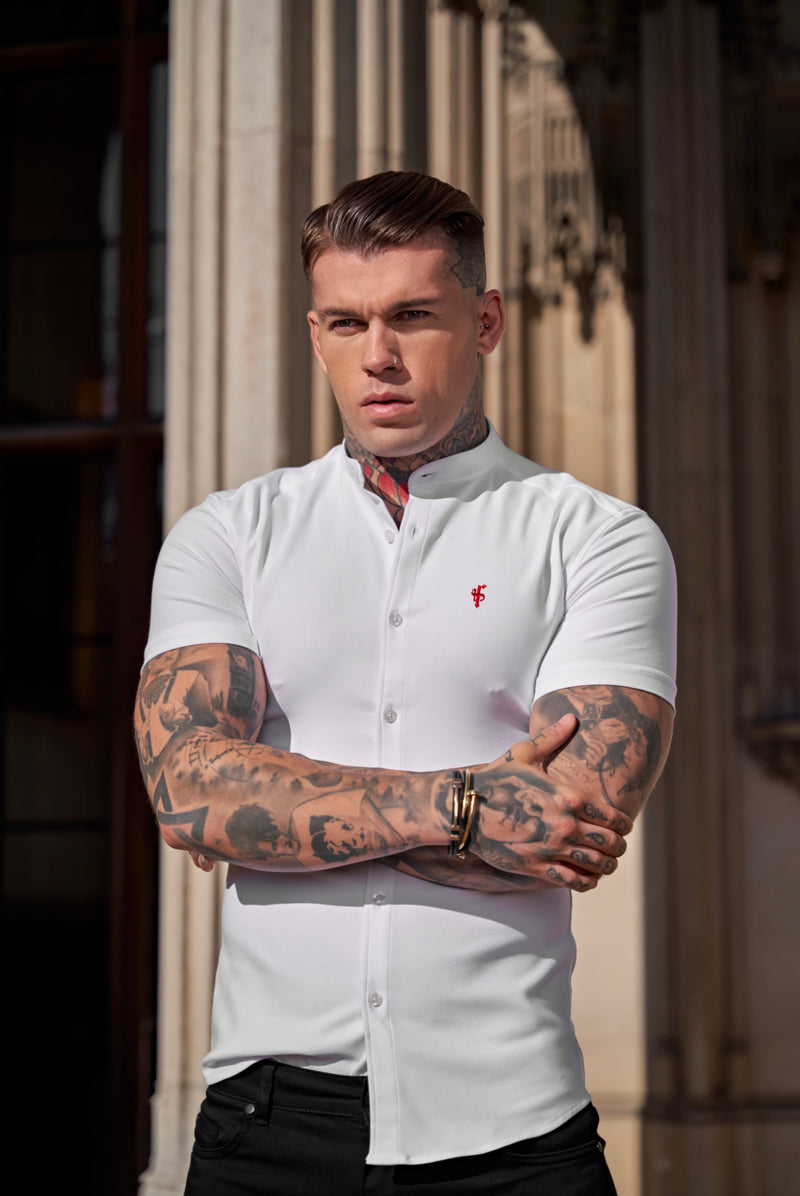 Father Sons Super Slim Scuba White / Red Short Sleeve Stretch With Grandad Collar - FS932