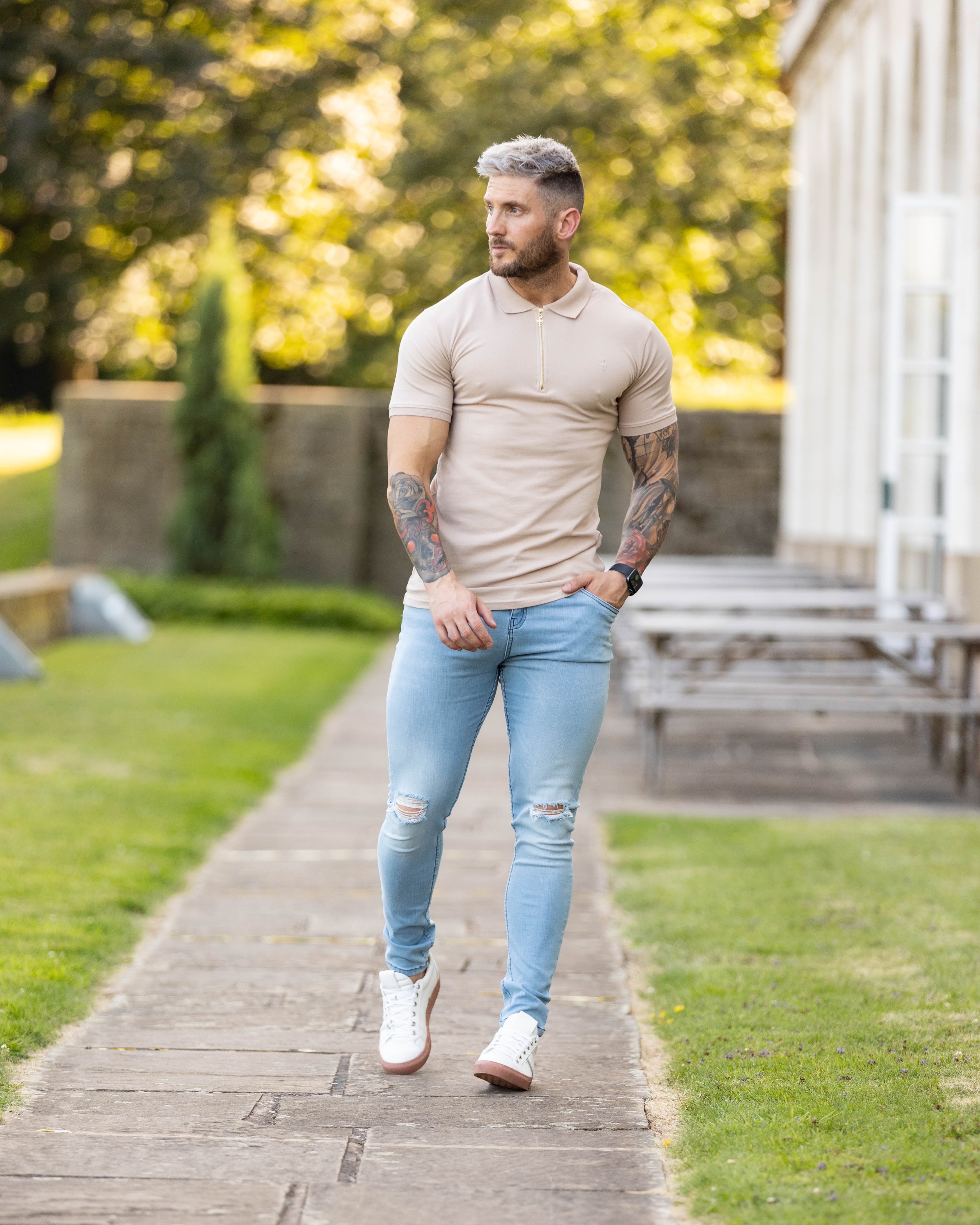 Ultra Stretch Navy Bleached Slim Jeans with Knee Rips - FSJEAN005