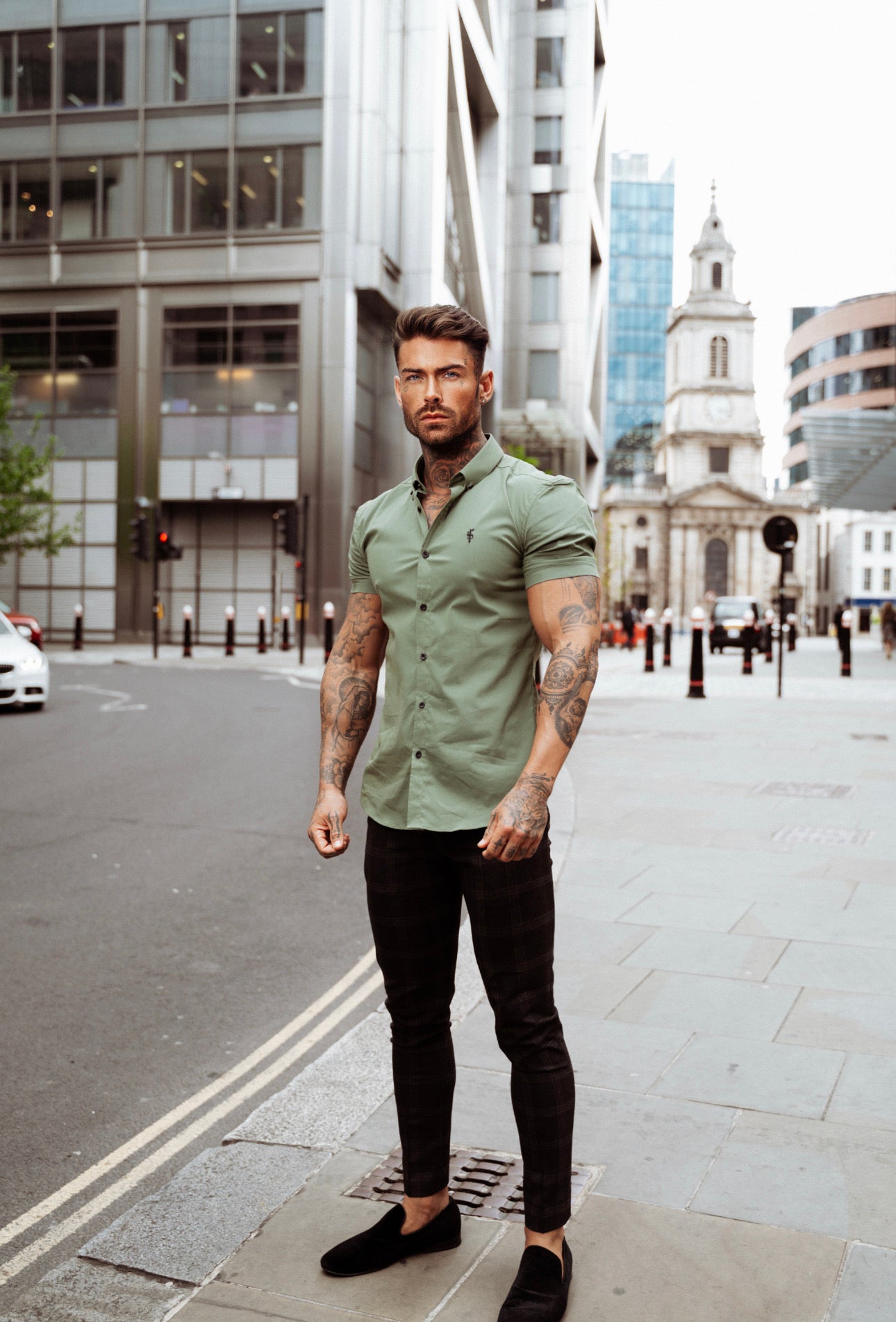 Super Slim Stretch Classic Khaki Short Sleeve With Button Down Collar -  FS818