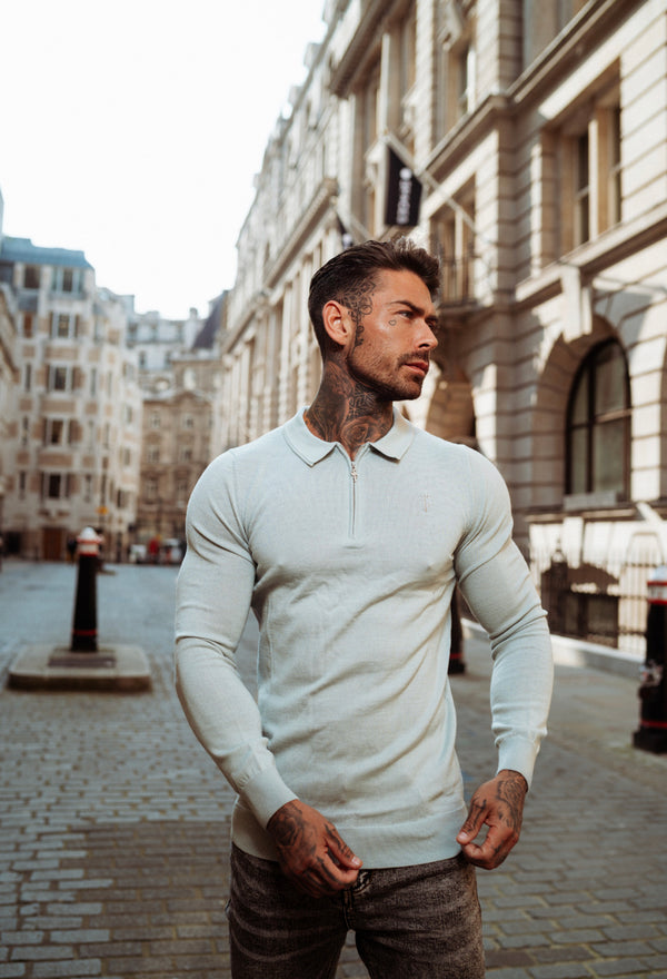 Father Sons Classic Grey Merino Wool Knitted Zip Polo Long Sleeve Sweater With FS Embroidery- FSN009