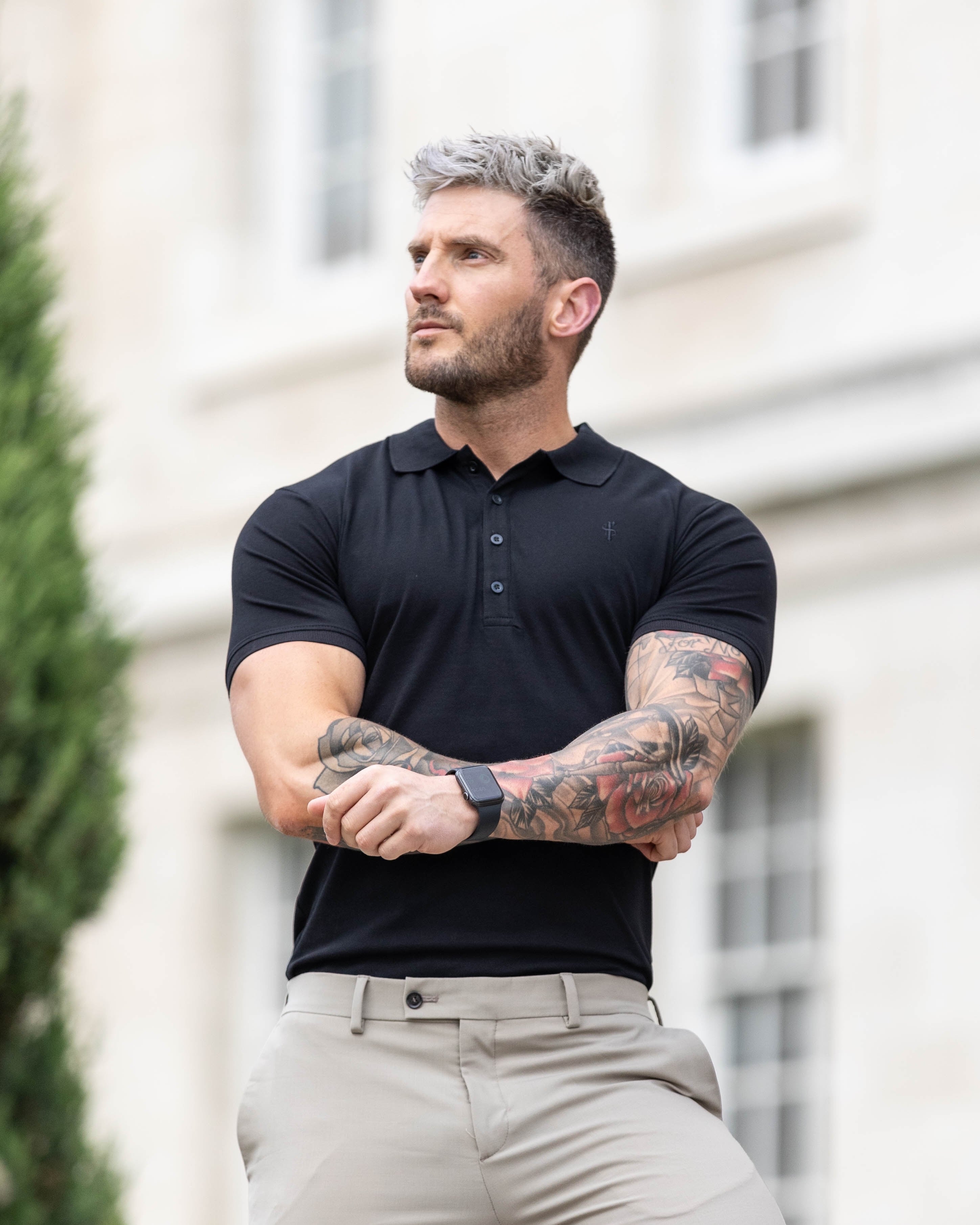 Classic Black Polo Shirt with Tonal Button and Embroidery - FSH824