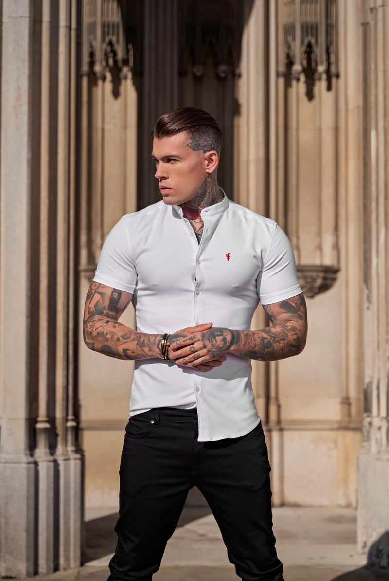 Father Sons Super Slim Scuba White / Red Short Sleeve Stretch With Grandad Collar - FS932