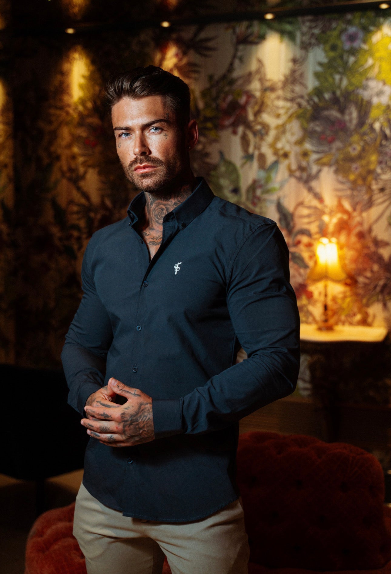 Super Slim Stretch Classic Navy Long Sleeve With Button Down Collar -  FS817