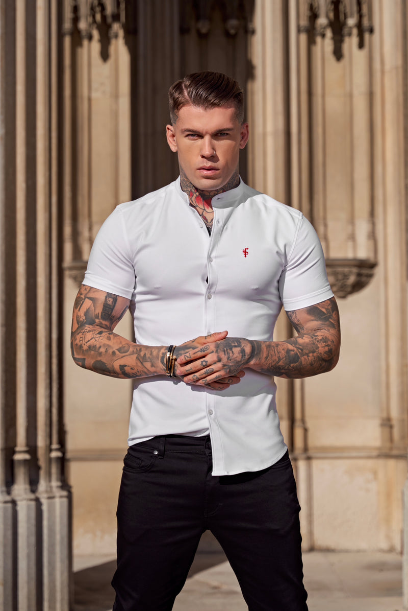 Father Sons Super Slim Scuba White / Red Short Sleeve Stretch With Grandad Collar - FS932