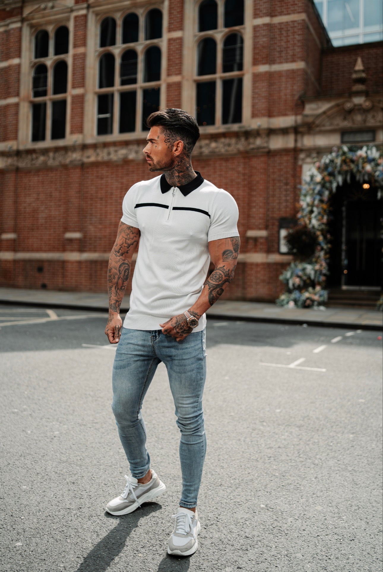 Classic Silver Grey / Black Horizontal Stripe Zipped Polo Short Sleeve - FSN040