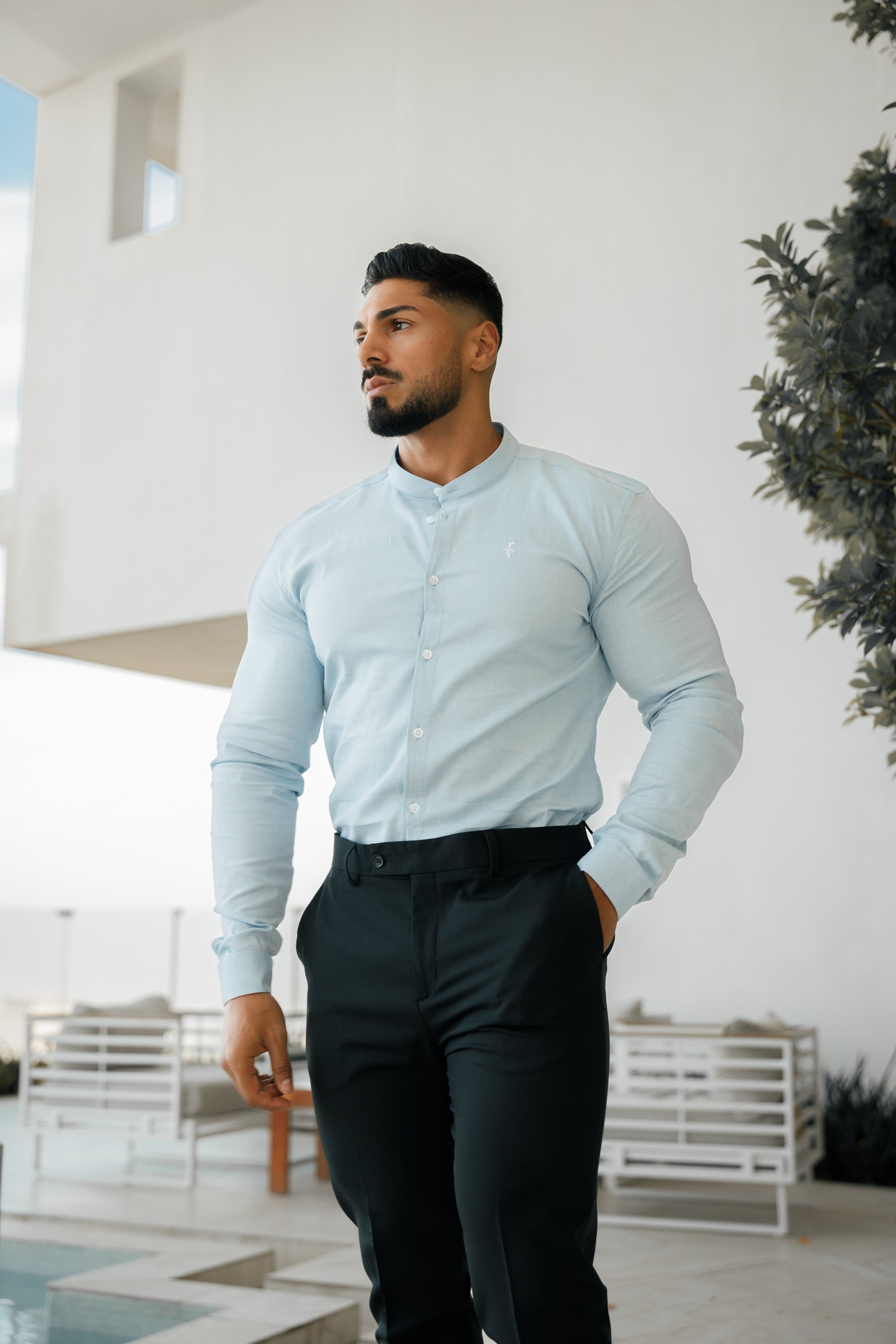 Super Slim Stretch Classic Oxford Light Blue with Grandad Collar - FS938