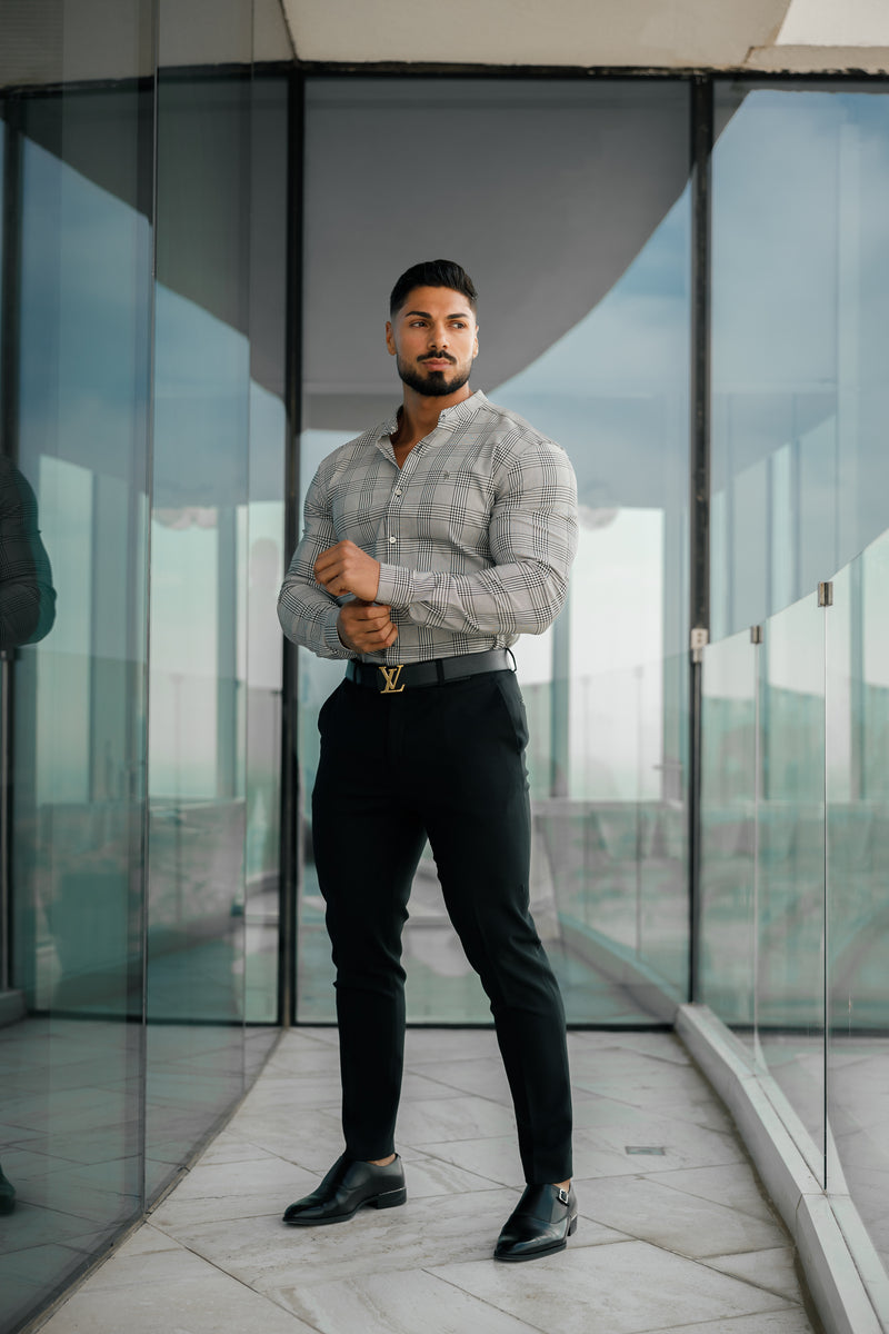 Father Sons Super Slim Stretch Prince Of Wales White and Black Check Long Sleeve Grandad Collar with Metal Buttons and Emblem- FS733