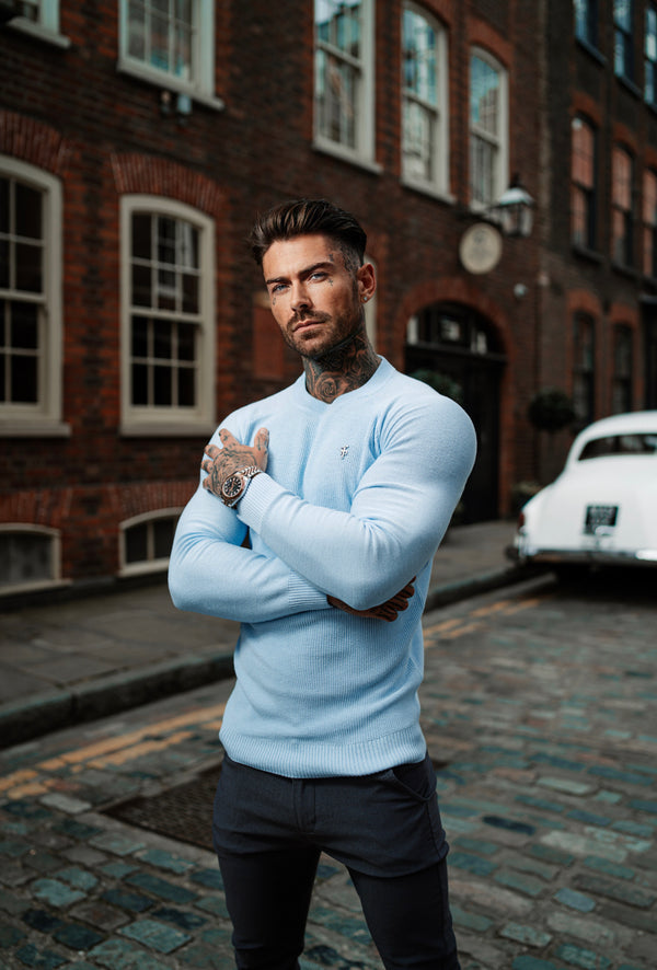 Father Sons Sky Blue Knitted Honeycomb Raglan Crew Super Slim Sweater With Metal Decal - FSN067