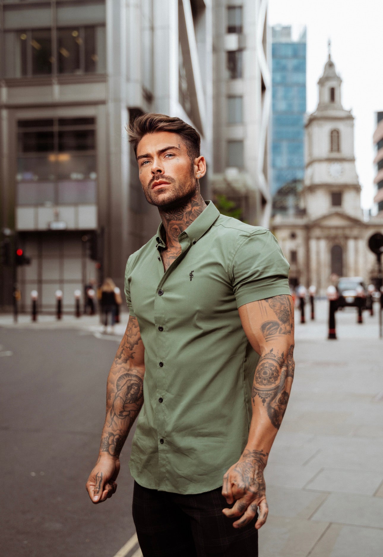 Super Slim Stretch Classic Khaki Short Sleeve With Button Down Collar -  FS818
