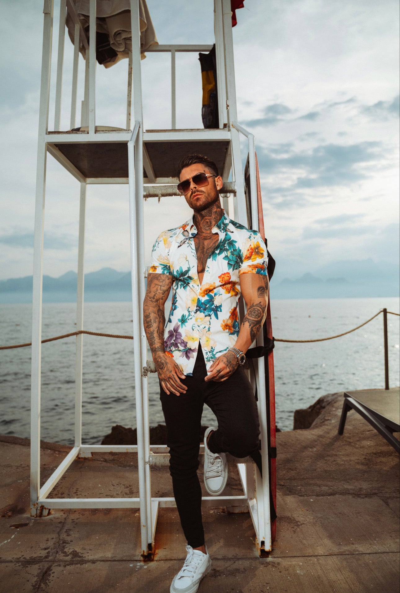 Super Slim Stretch Ecru with Vibrant Floral Print Short Sleeve with Button Down Collar - FS865