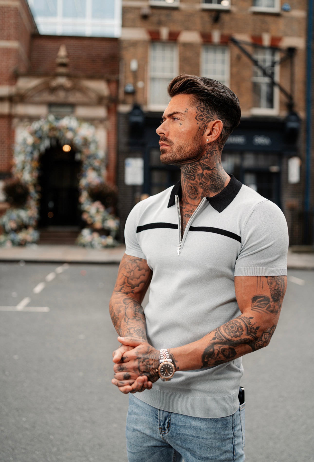 Classic Silver Grey / Black Horizontal Stripe Zipped Polo Short Sleeve - FSN040