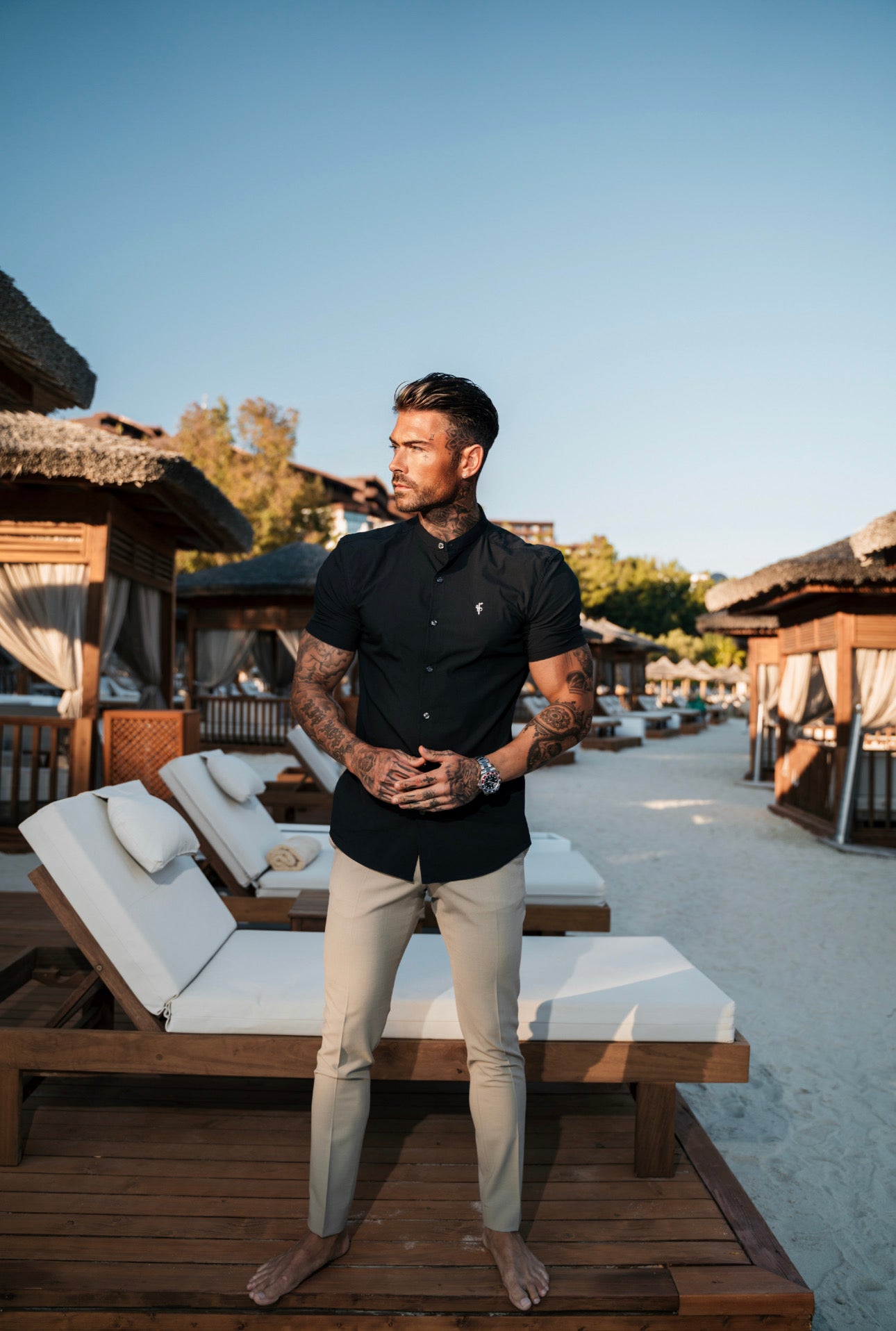 Super Slim Stretch Classic Black Grandad Collar Short Sleeve - FS173