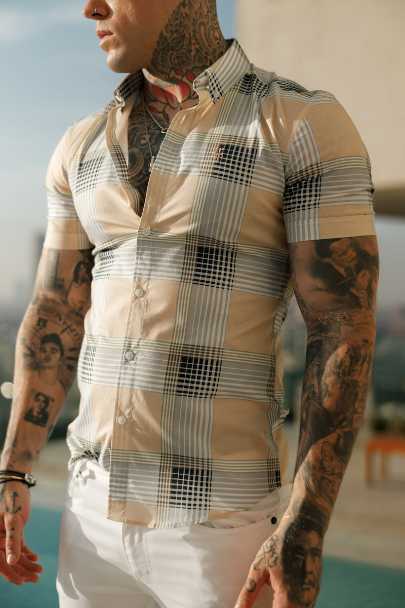 Father Sons Super Slim Stretch Peach / Grey Check Print Short Sleeve with Button Down Collar - FS900