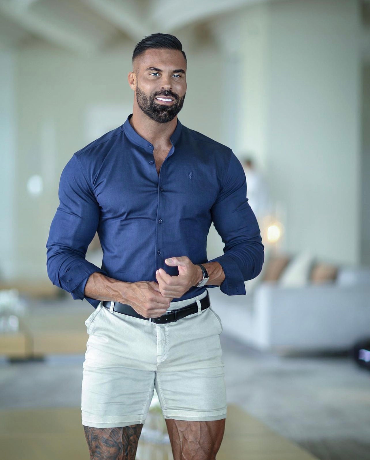 Super Slim Stretch Grandad Collar Classic Navy Oxford  Long Sleeve - FS583