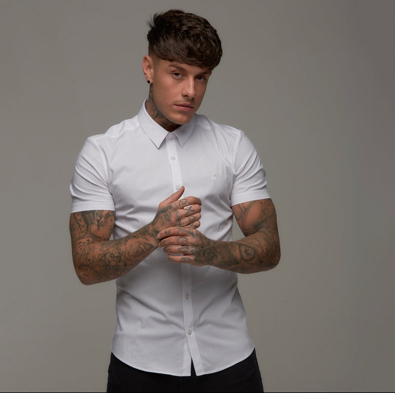 Father Sons Super Slim Stretch White Tonal Buttons and Embroidery Short Sleeve - FS889