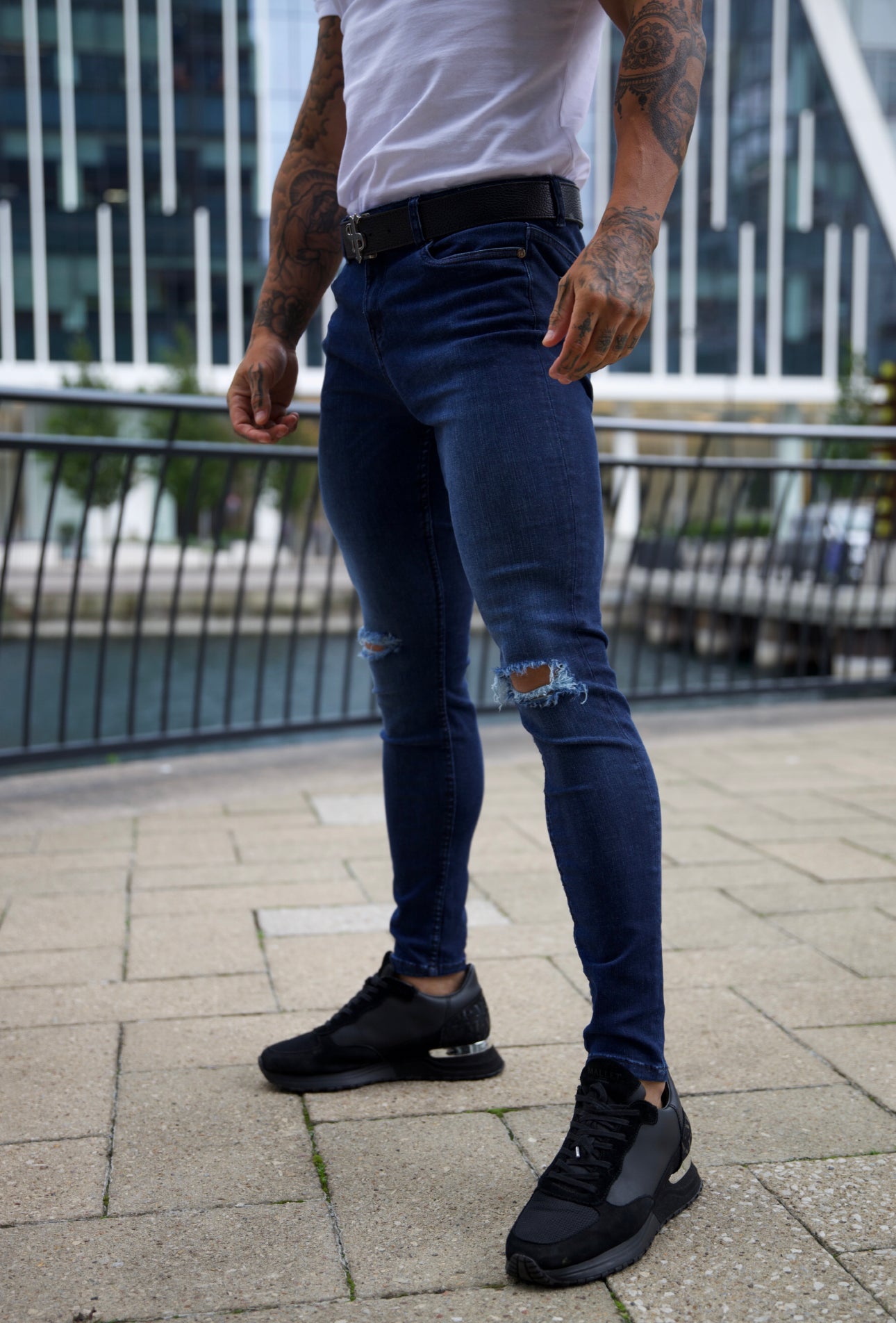 Ultra Stretch Navy Slim Jeans with Knee Rips - FSJEAN004