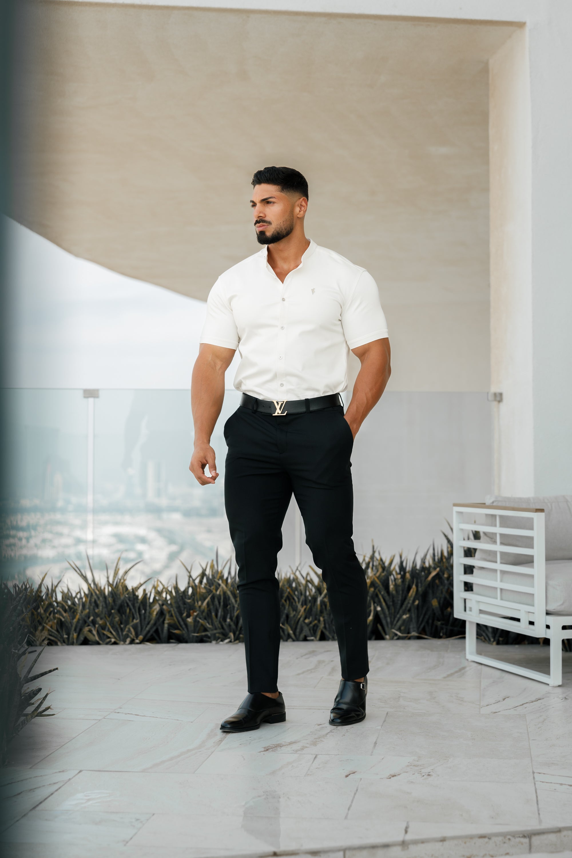 Super Slim Stretch Cream Denim Short Sleeve Grandad collar with Metal Buttons and Decal Emblem - FS726