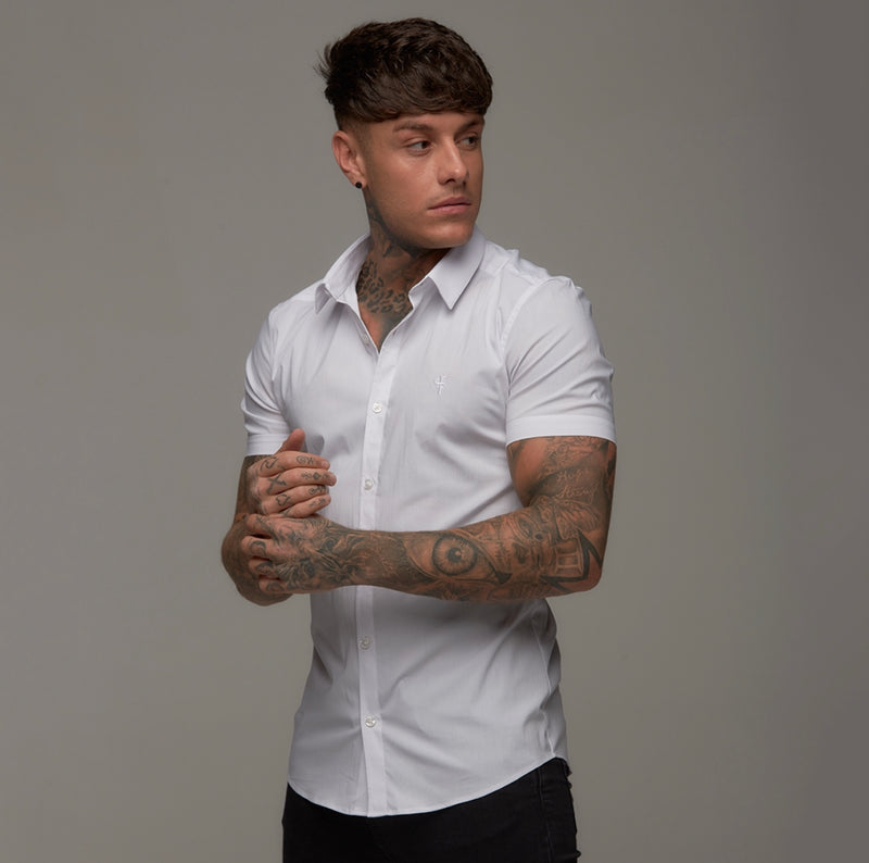 Father Sons Super Slim Stretch White Tonal Buttons and Embroidery Short Sleeve - FS889