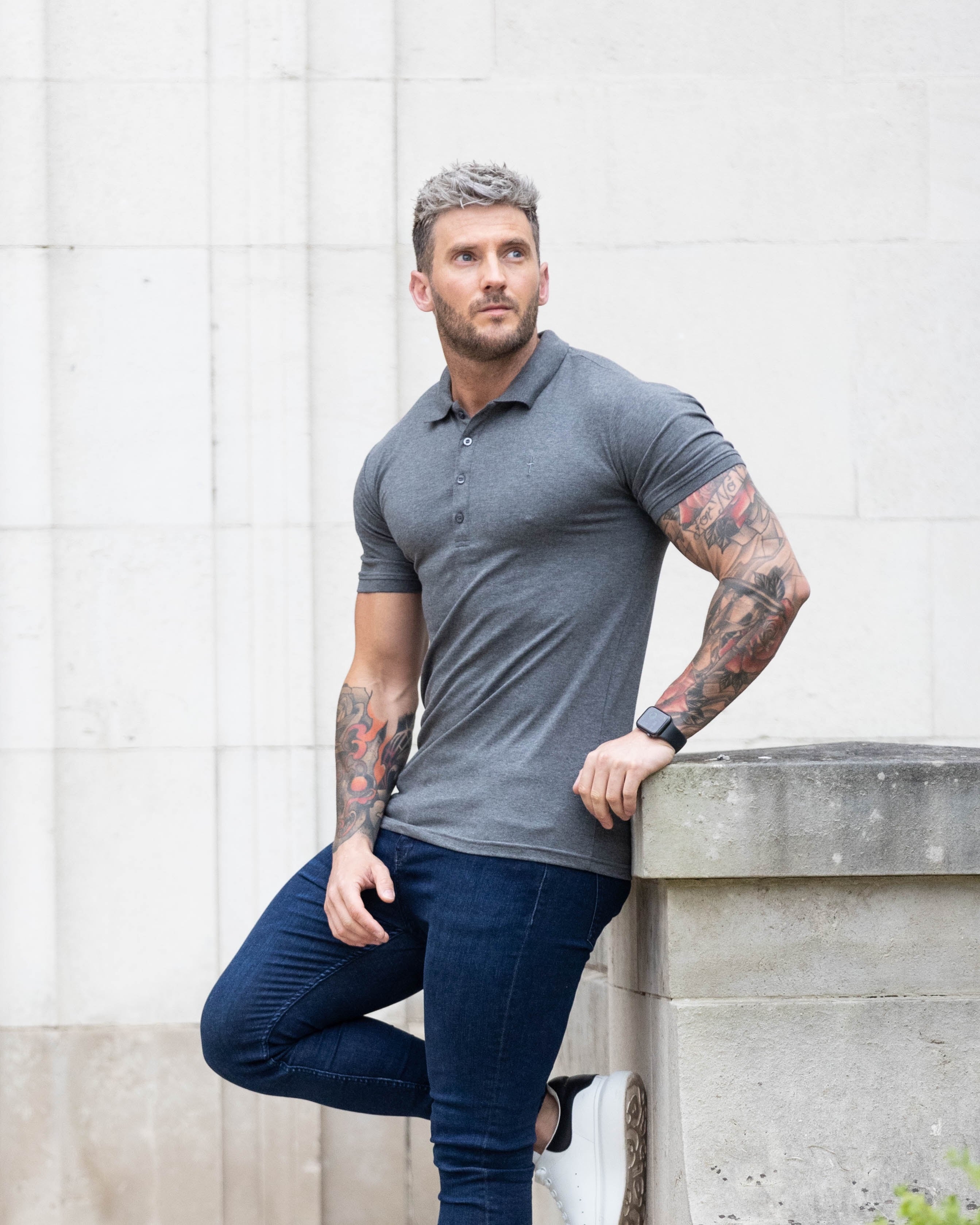 Classic Dark Grey Polo Shirt with Tonal Button and Embroidery - FSH826