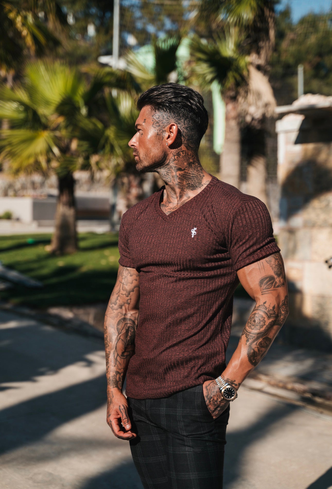 Classic Burgundy / White V Neck Ribbed Short Sleeve - FSH768