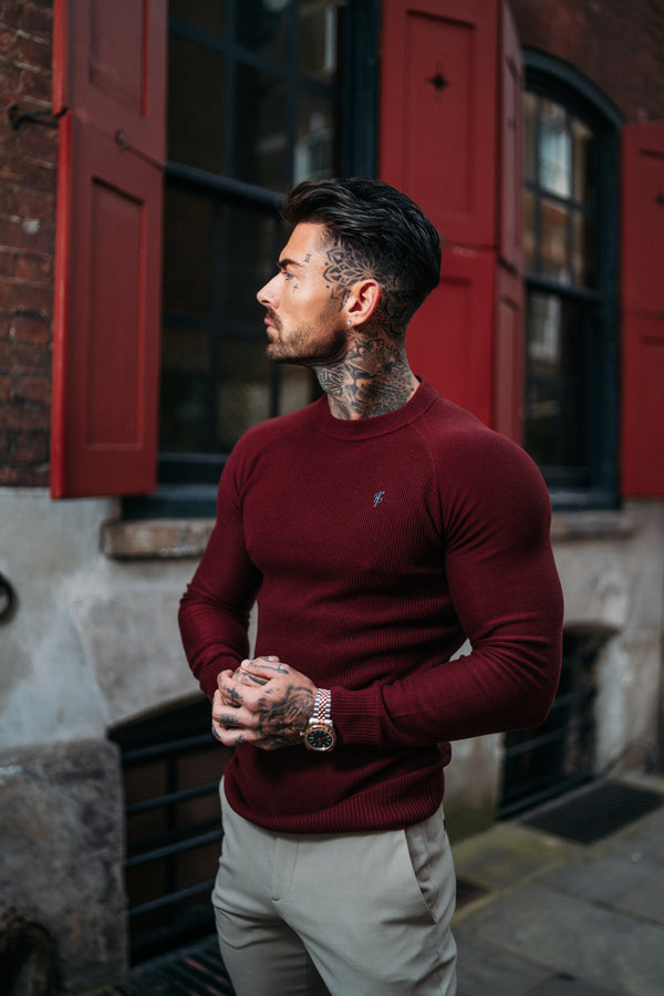 Father Sons Burgundy Knitted Honeycomb Raglan Crew Super Slim Sweater With Metal Decal - FSN065