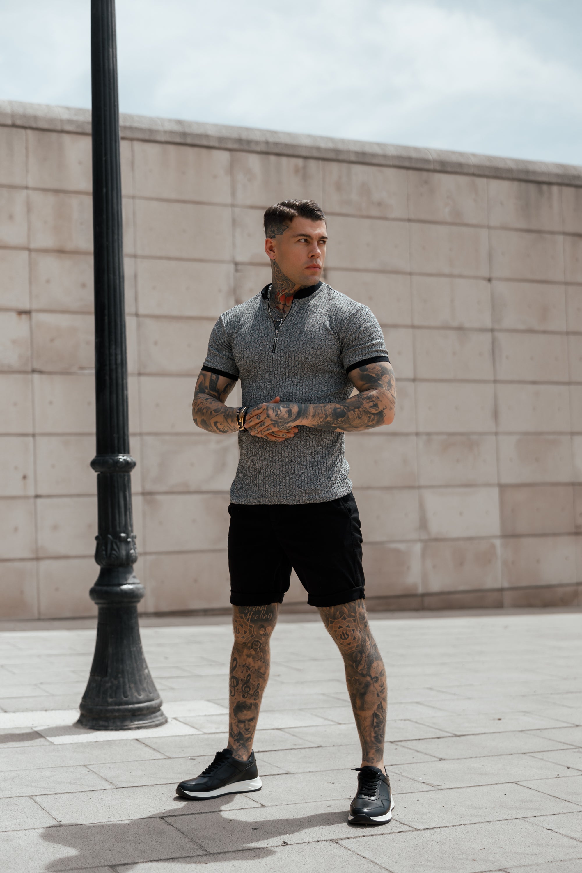 Classic Grey Ribbed Zip Grandad Collar Shirt Short Sleeve - FSH762