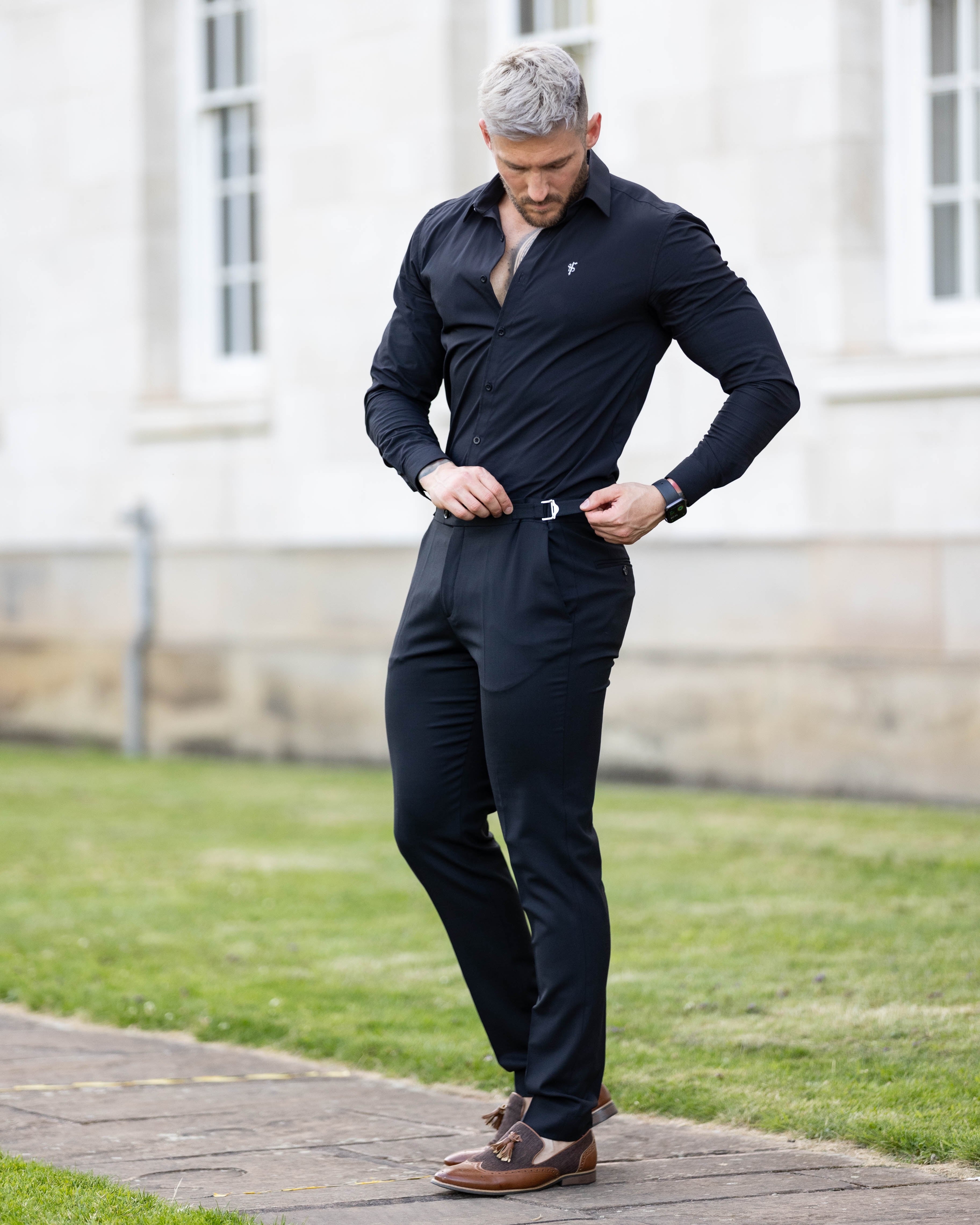 Father Sons Slim Formal Black Stretch Pants With Silver Waist Adjusters - FST013