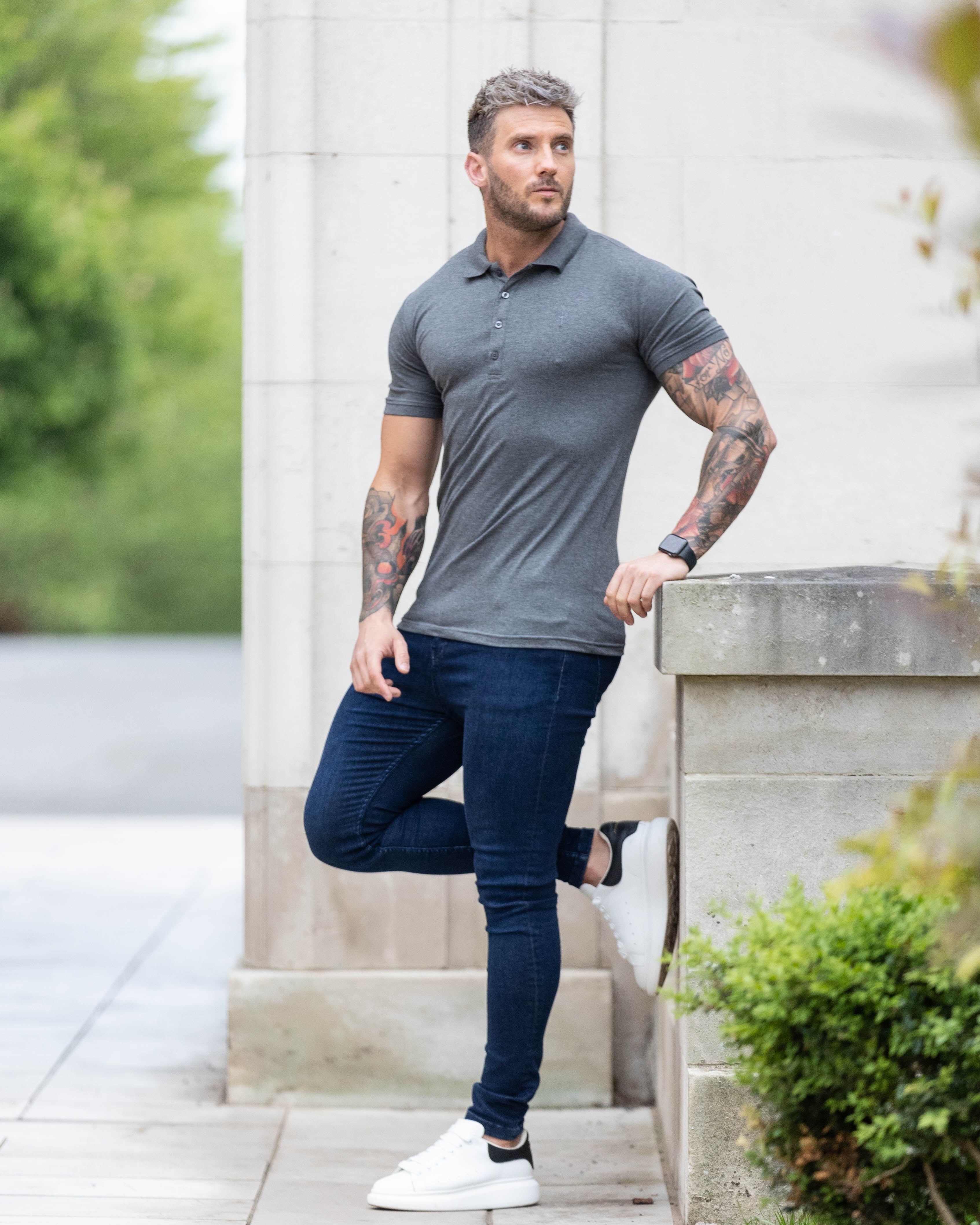 Classic Dark Grey Polo Shirt with Tonal Button and Embroidery - FSH826
