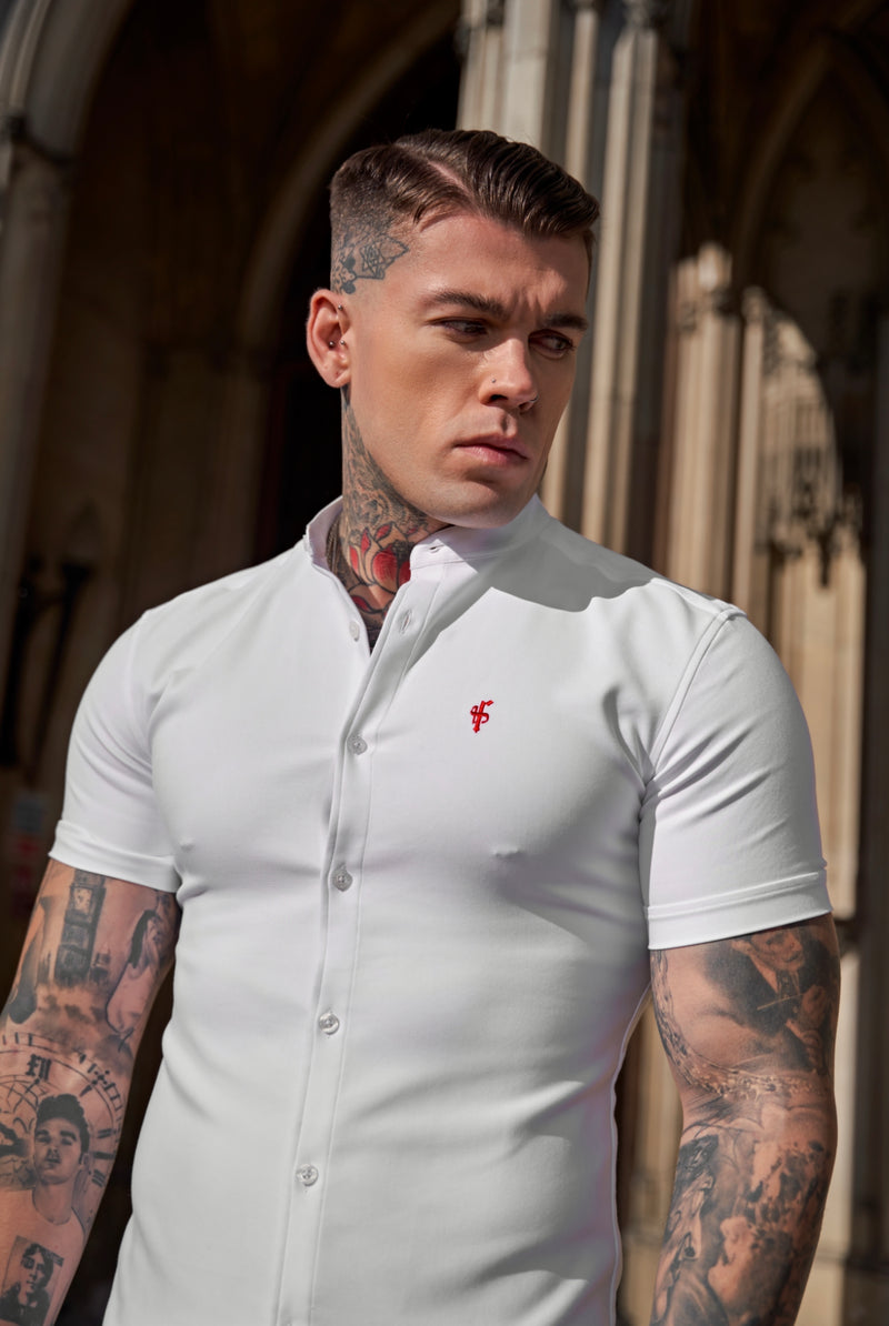 Father Sons Super Slim Scuba White / Red Short Sleeve Stretch With Grandad Collar - FS932