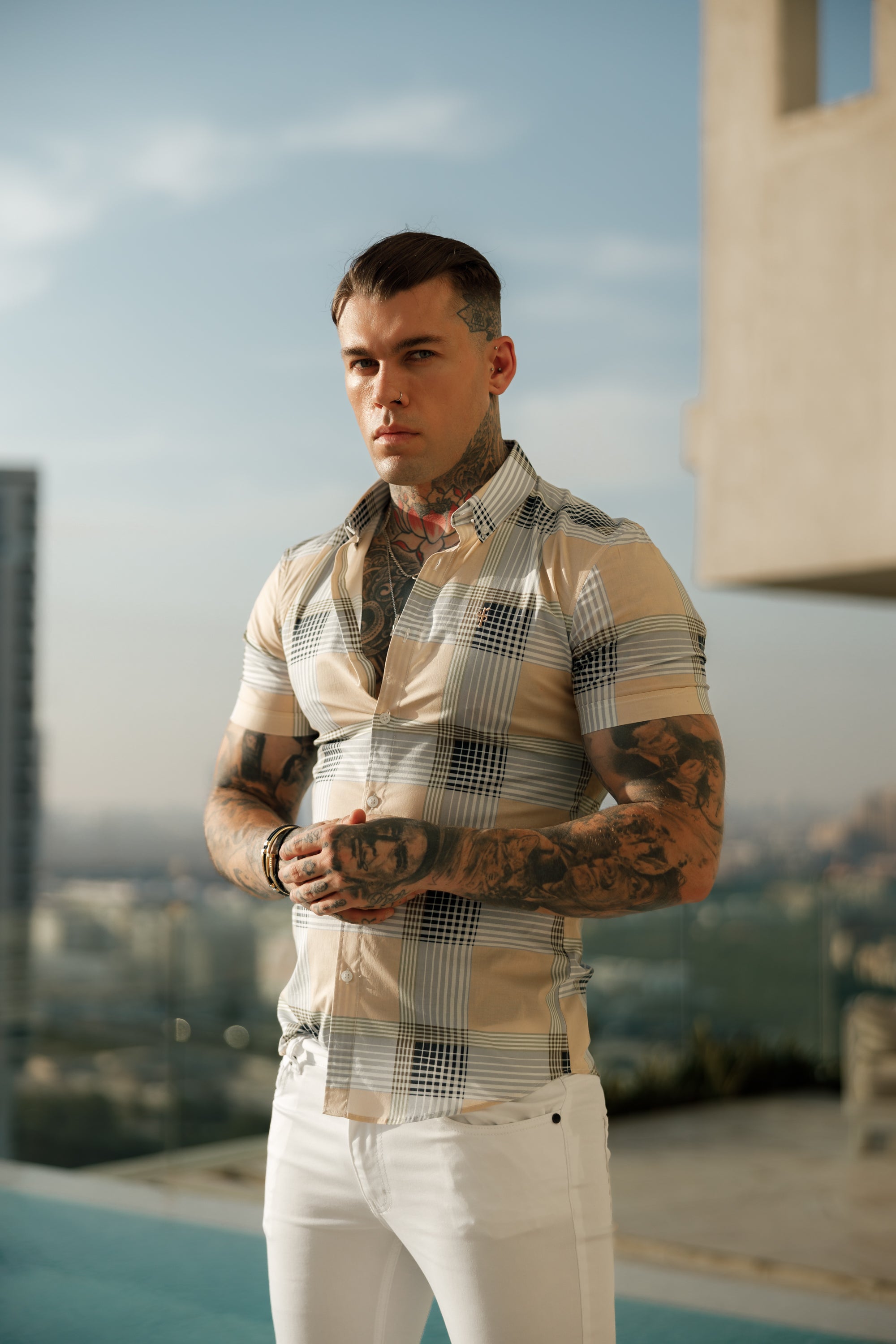 Super Slim Stretch Peach / Grey Check Print Short Sleeve with Button Down Collar - FS900