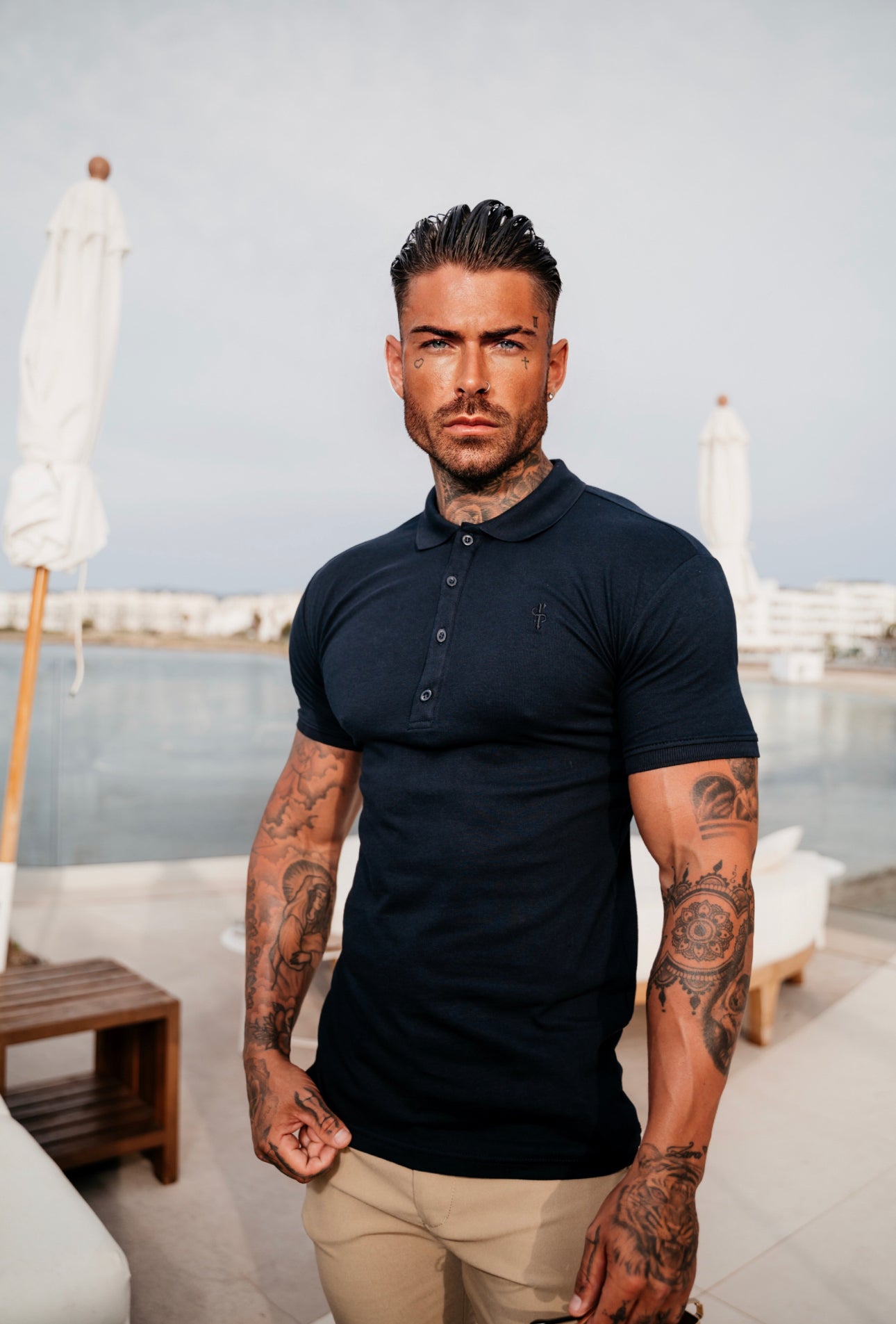 Classic Navy Polo Shirt with Tonal Button and Embroidery - FSH825