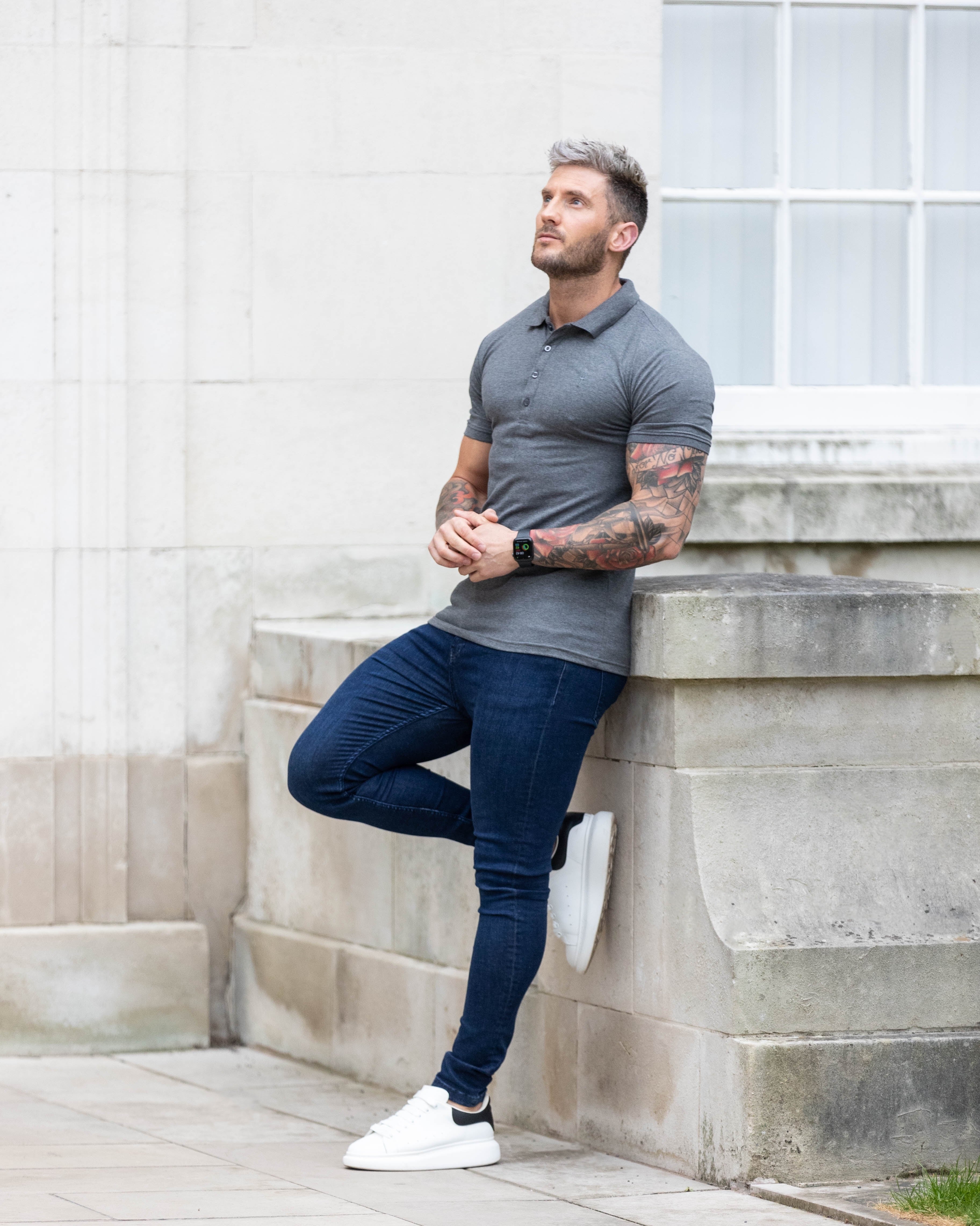 Classic Dark Grey Polo Shirt with Tonal Button and Embroidery - FSH826