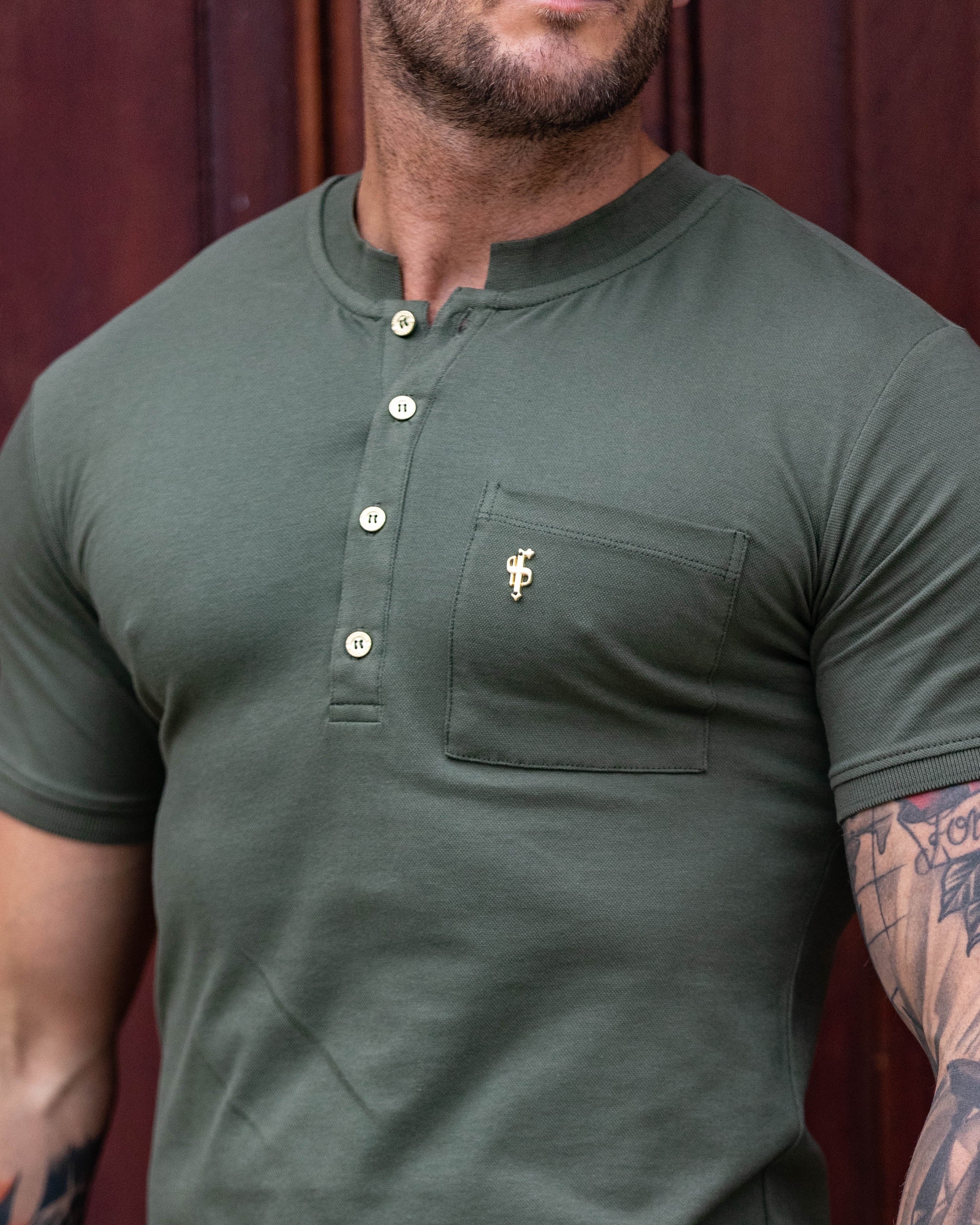 Classic Khaki and Gold Grandad Polo Shirt With Pocket - FSH829